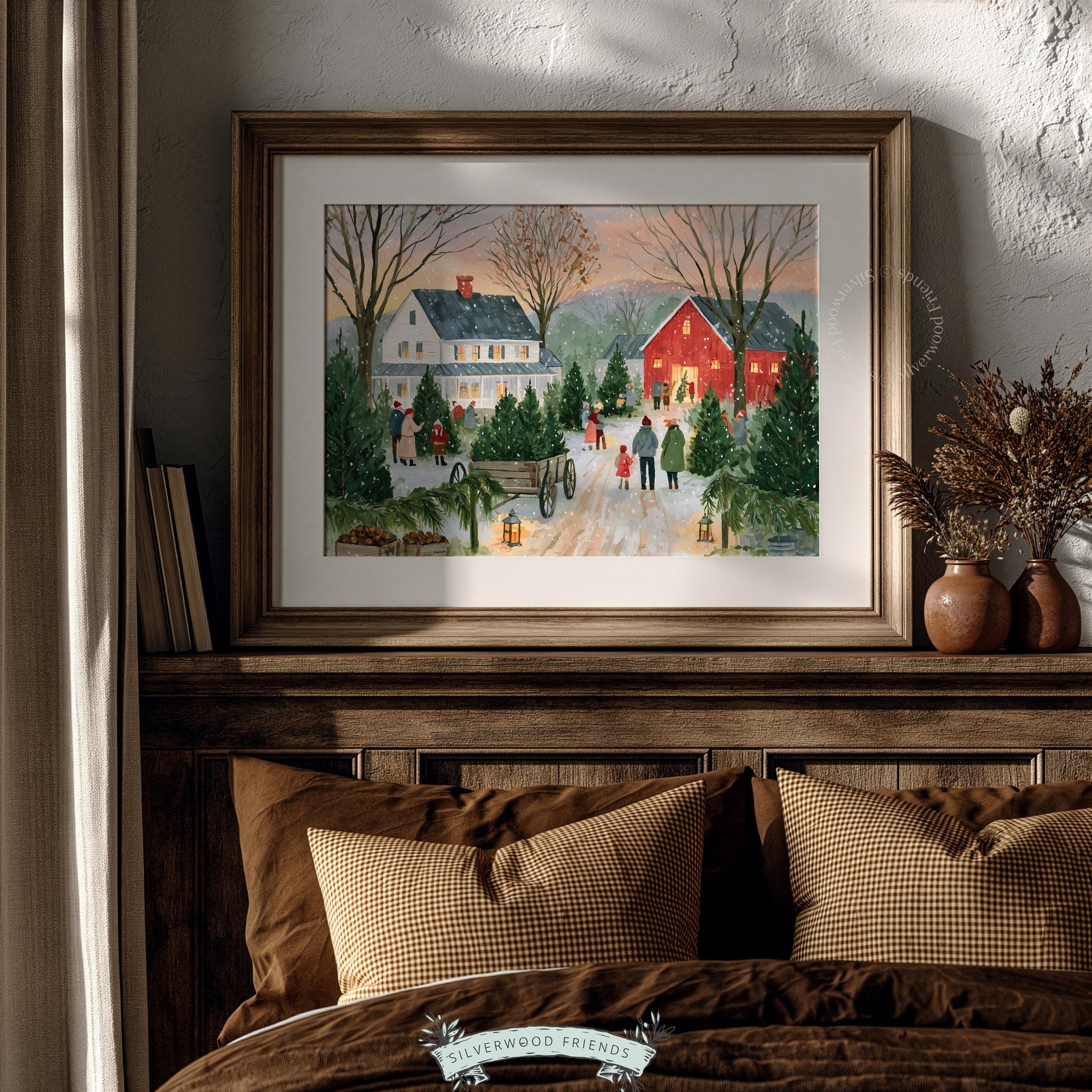 Winter gathering printable wall art for dining room — snowy orchard scene with vintage farmhouse charm