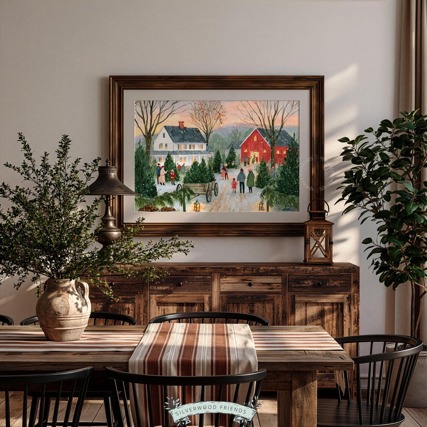 Rustic tree farm Christmas poster for den — pastoral winter tableau with bare trees and vintage palette