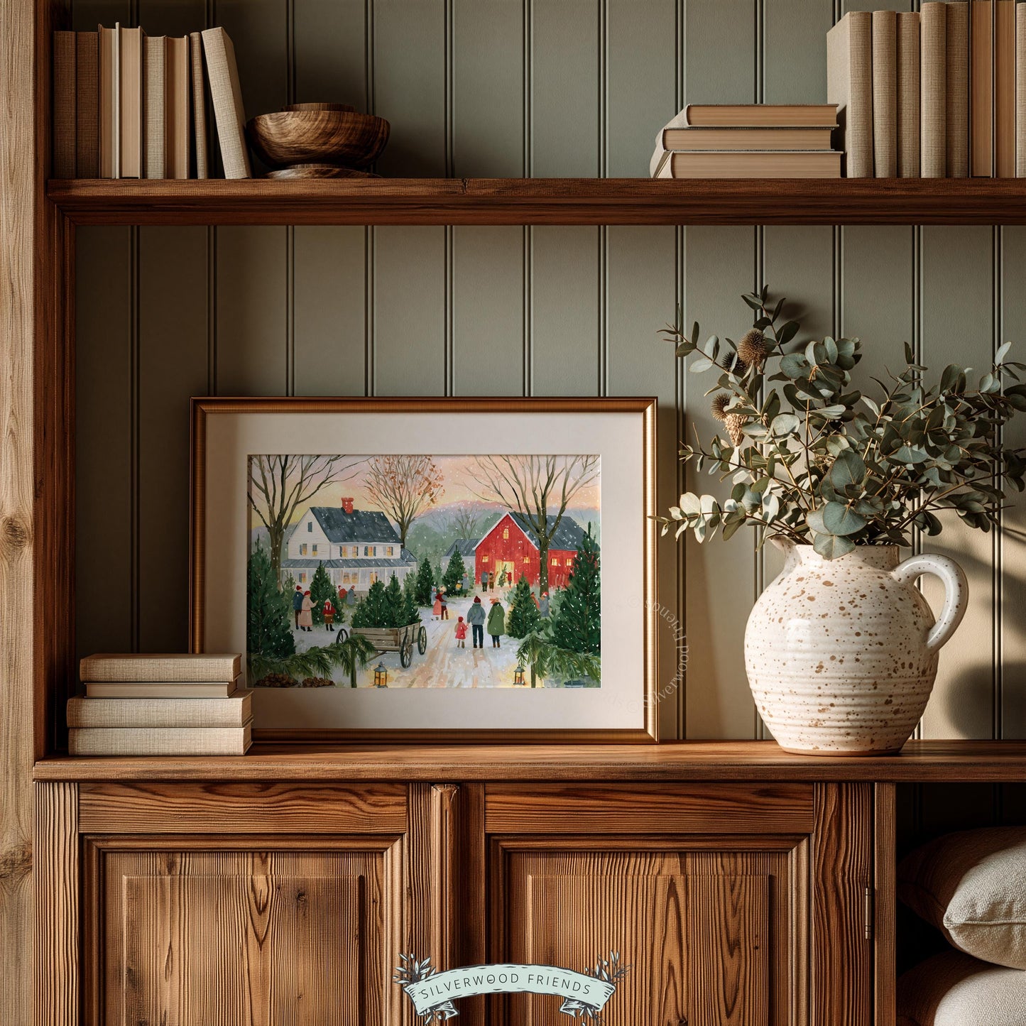 Countryside holiday wall decor — charming tree farm with farmhouse, bare branches, and cozy lighting