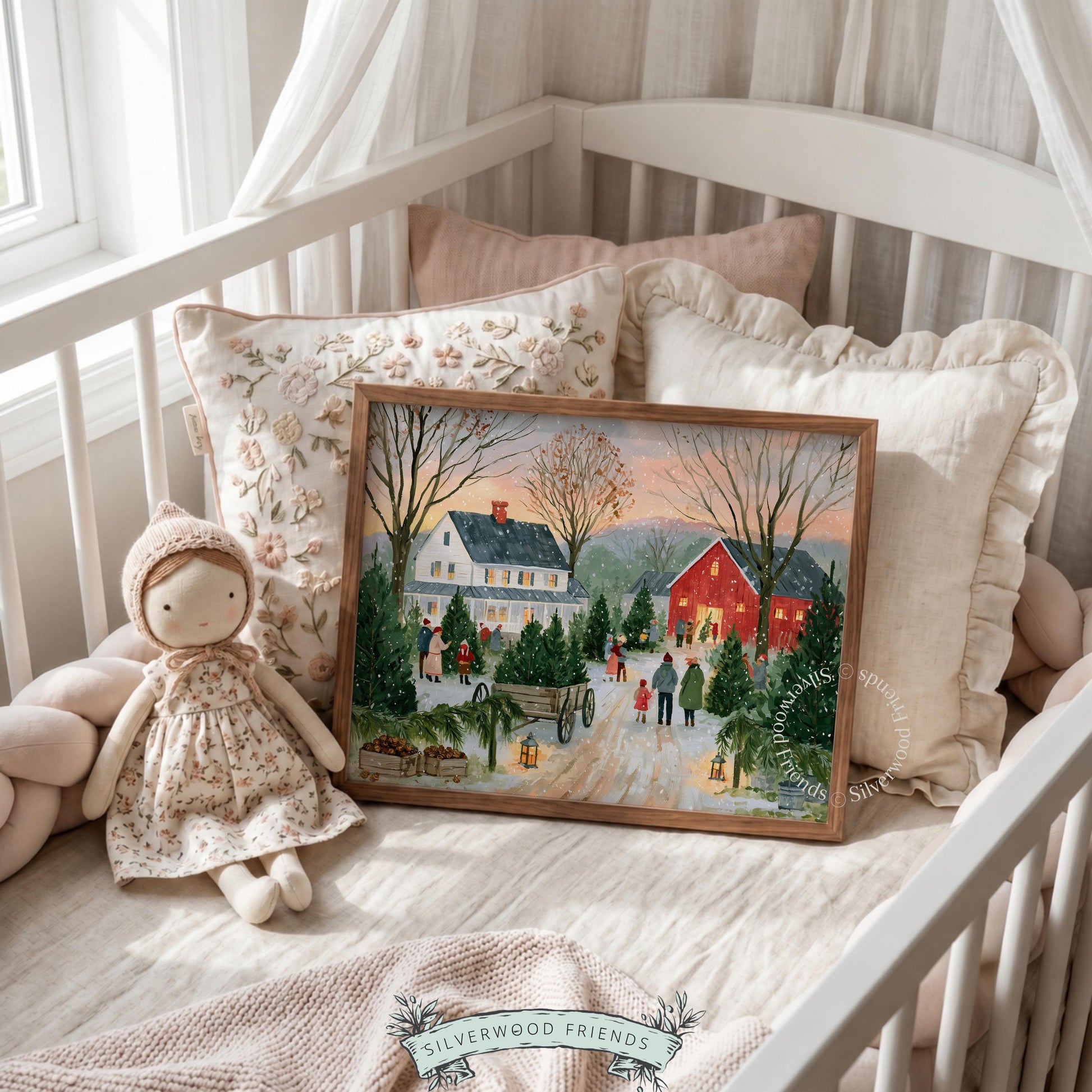Charming seasonal farmscape gallery wall art — dusk tree farm with cozy figures and muted warm tones