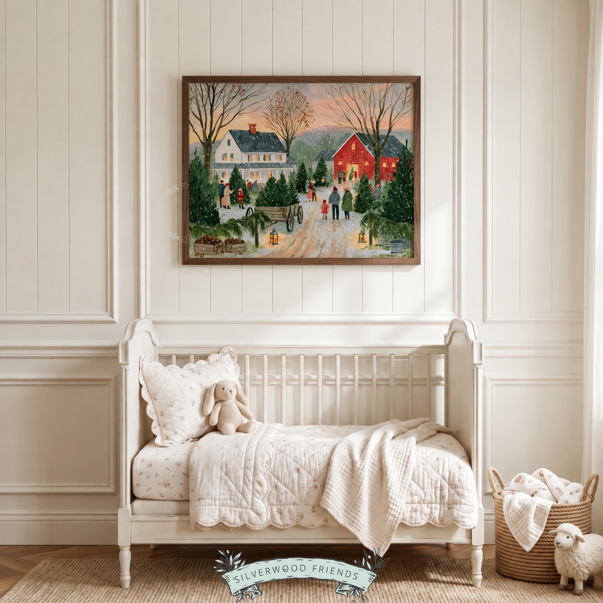 Cozy winter farmscape wall picture — families browsing trees near red barn under soft evening light