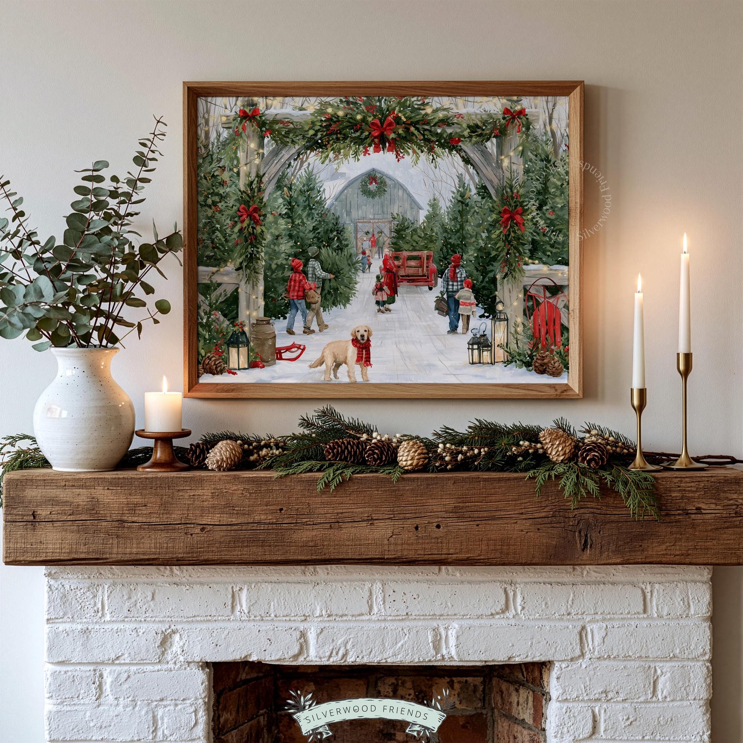 Warm Christmas countryside digital print poster — detailed farmstead illustration with plaid-dressed families and white barn