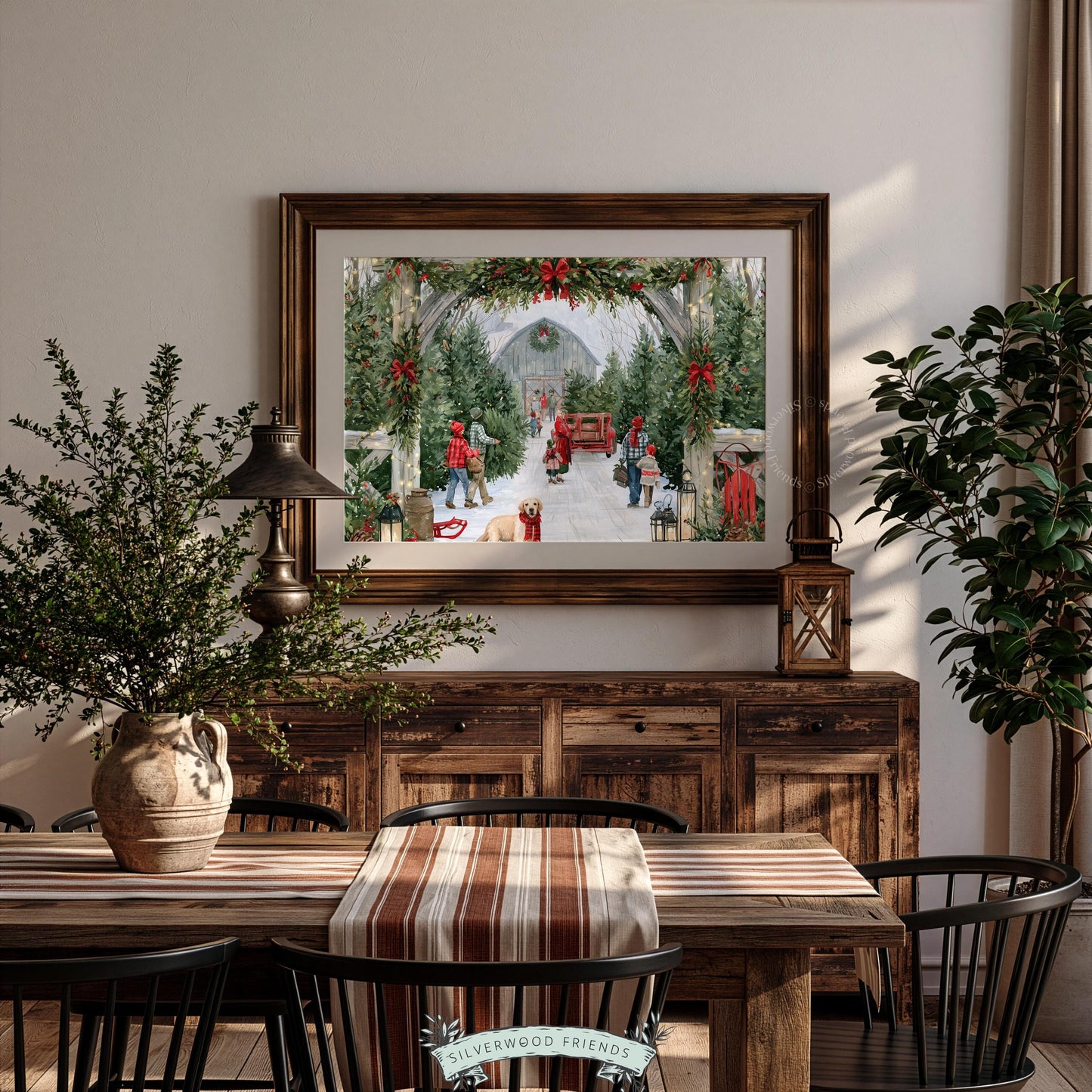 Festive farmhouse evergreen scene artwork printable — detailed soft-painted illustration for warm, inviting holiday home display