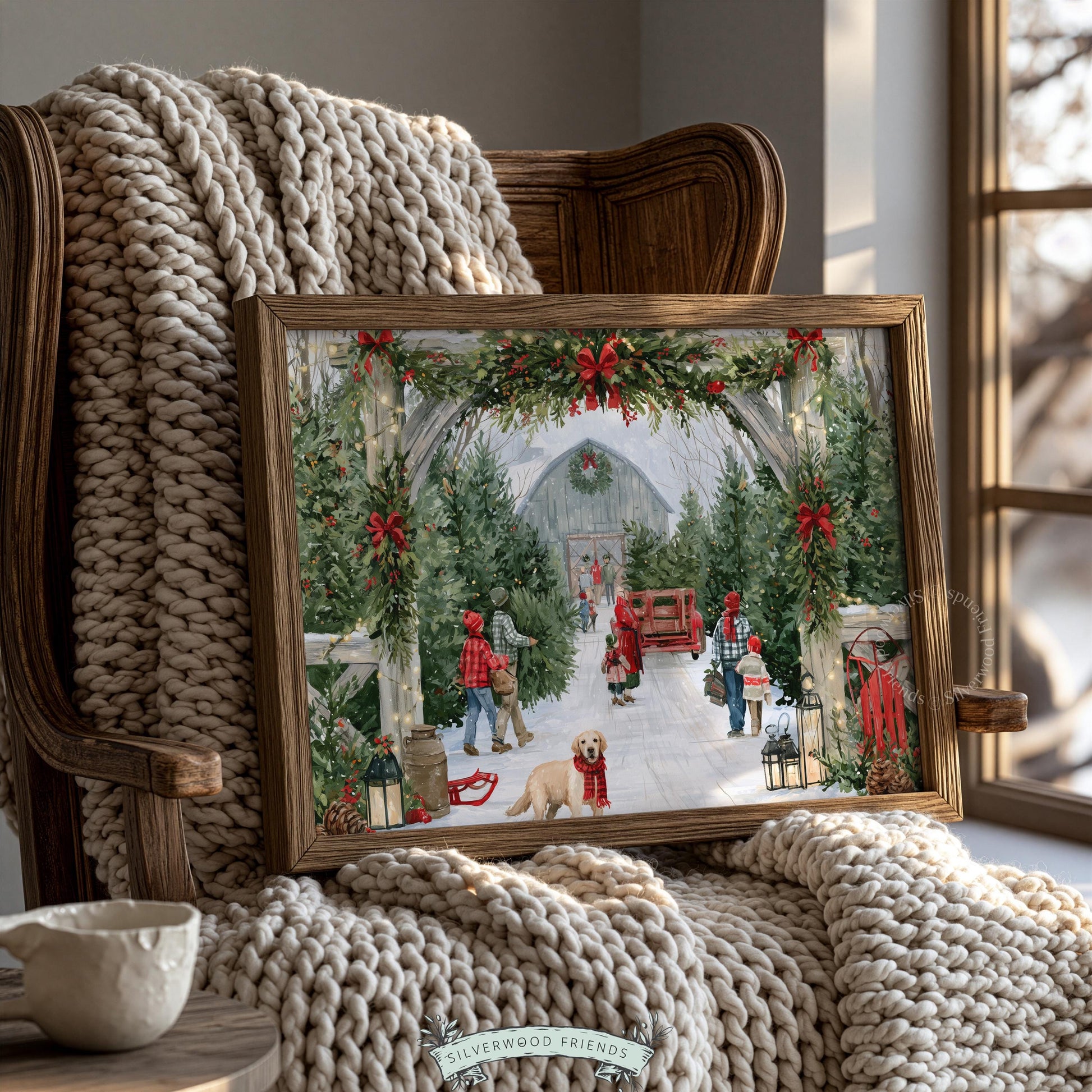 Festive farmhouse painting wall art — snowy evergreen grove with families, barn, and warm lantern glow