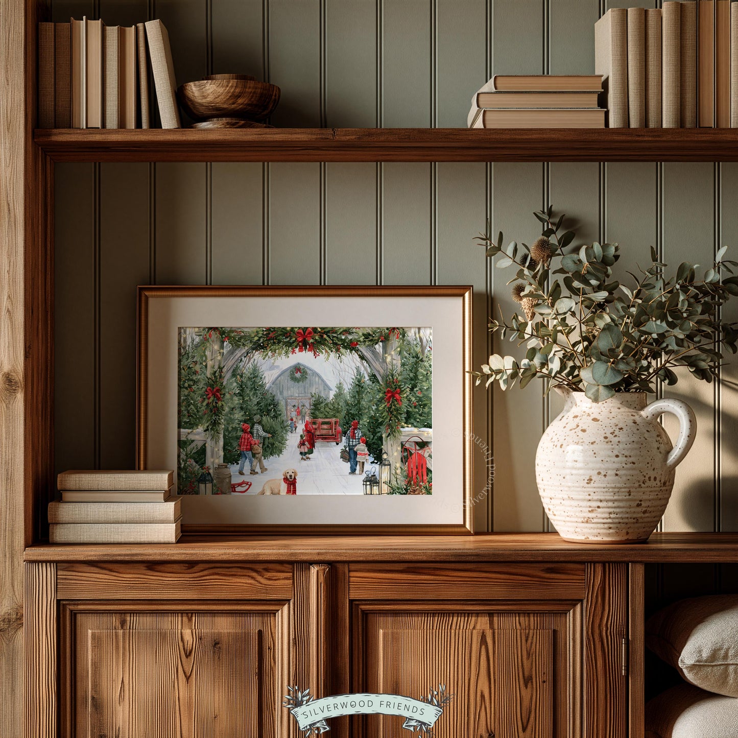 Cozy holiday farmstead painting for hallway — golden retriever, garland arch, and warm festive color palette