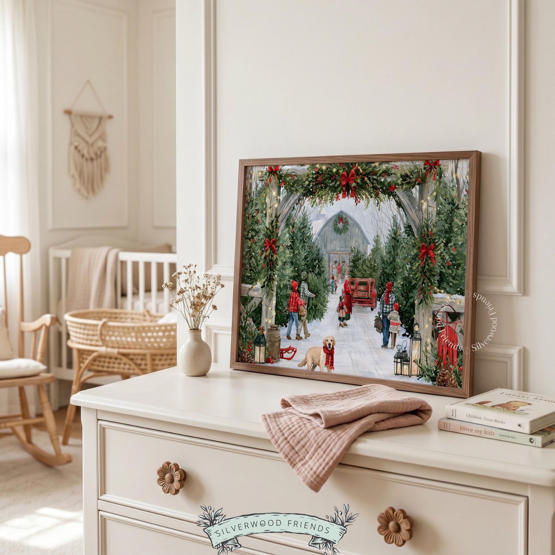 Farmhouse Christmas scene wall decor printable — detailed soft illustration with deep greens, crisp whites, and holiday reds