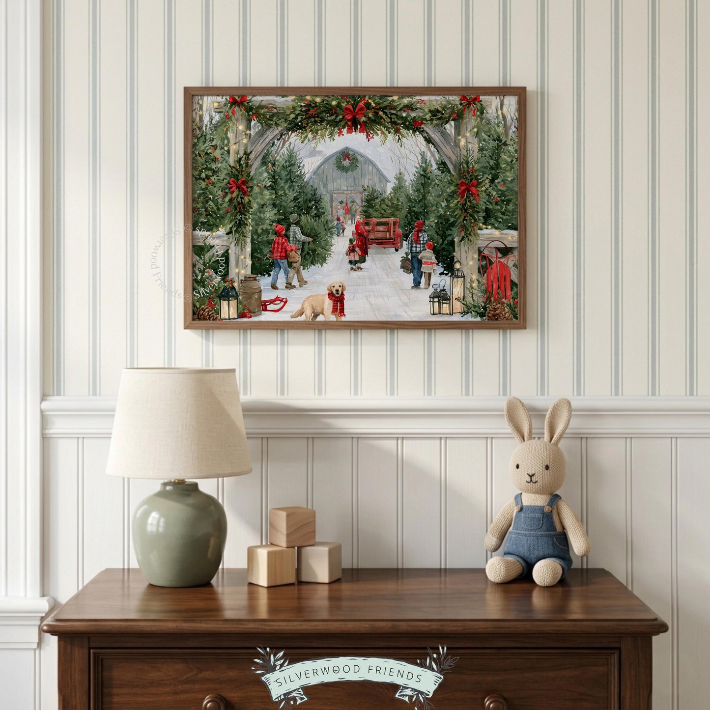 Winter farmhouse wall art printable — golden retriever in red scarf amid garland arch and twinkling lights