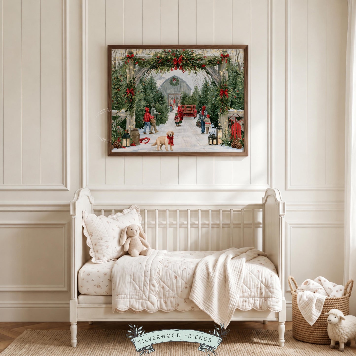 Christmas tree farm entrance printable art for living room — cozy farmhouse holiday scene with golden retriever and vintage truck