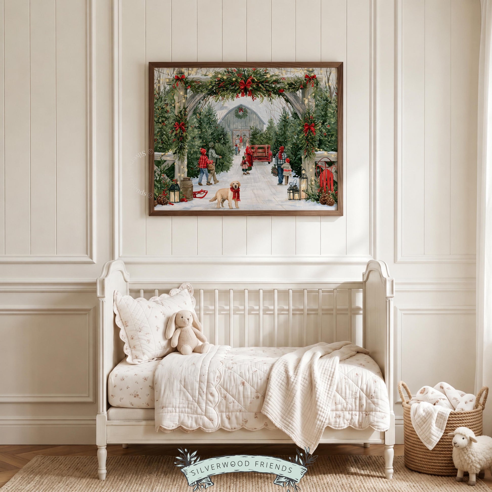 Christmas tree farm entrance printable art for living room — cozy farmhouse holiday scene with golden retriever and vintage truck