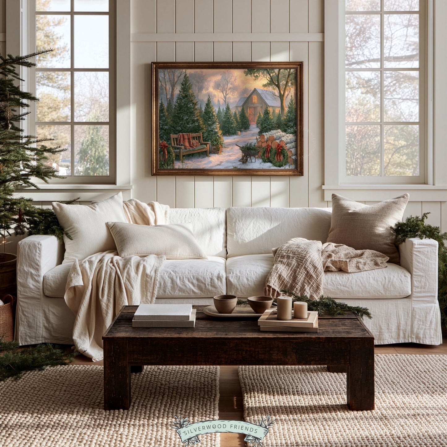 Christmas barn picture digital print for entryway — vintage-style farmstead with glowing amber sky and seasonal warmth