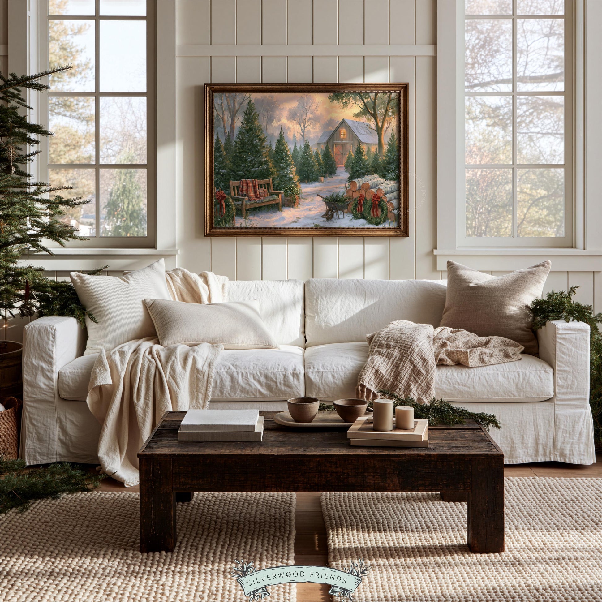 Christmas barn picture digital print for entryway — vintage-style farmstead with glowing amber sky and seasonal warmth