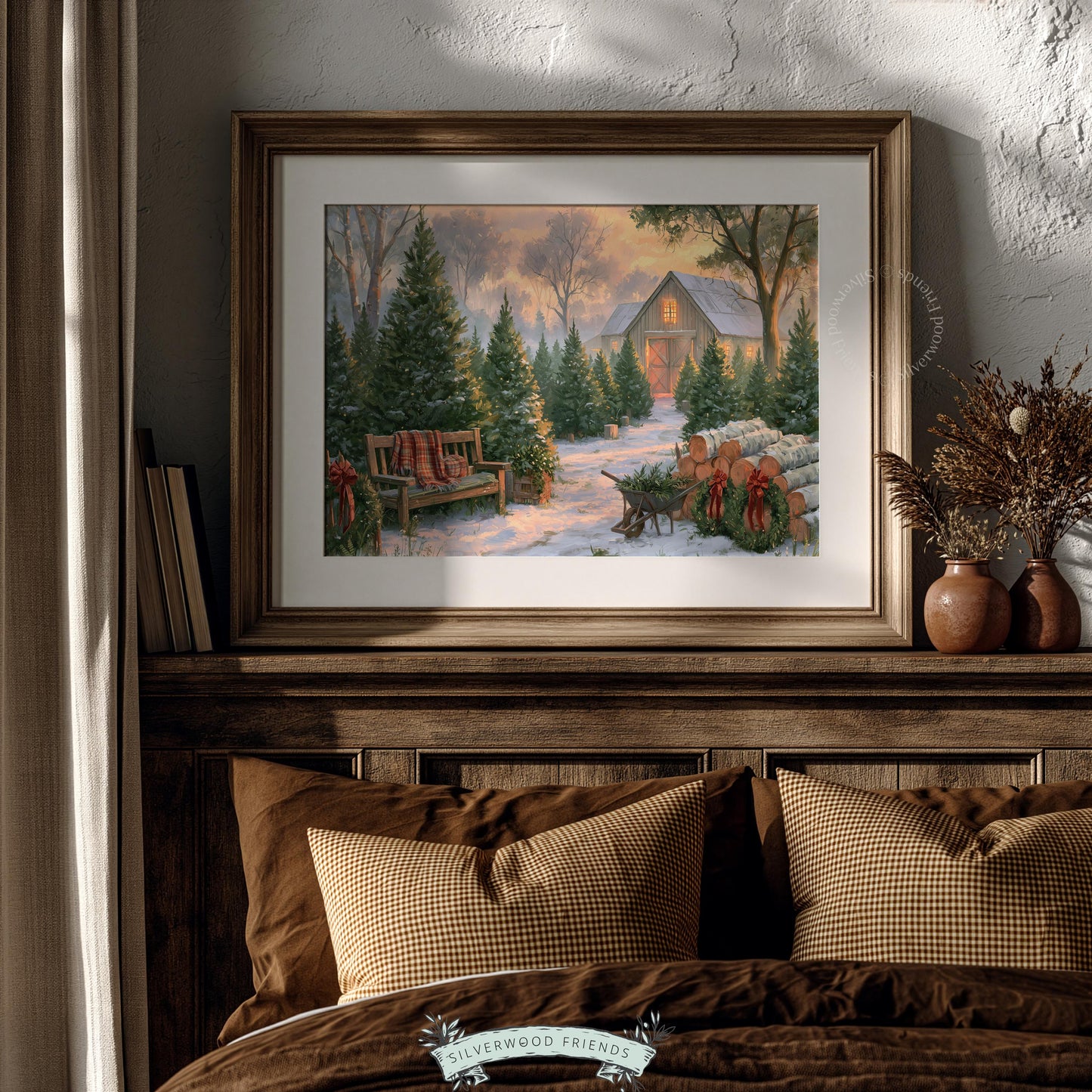 Evergreen farm scene printable art for living room — warm festive barn surrounded by snowy pines and holiday charm