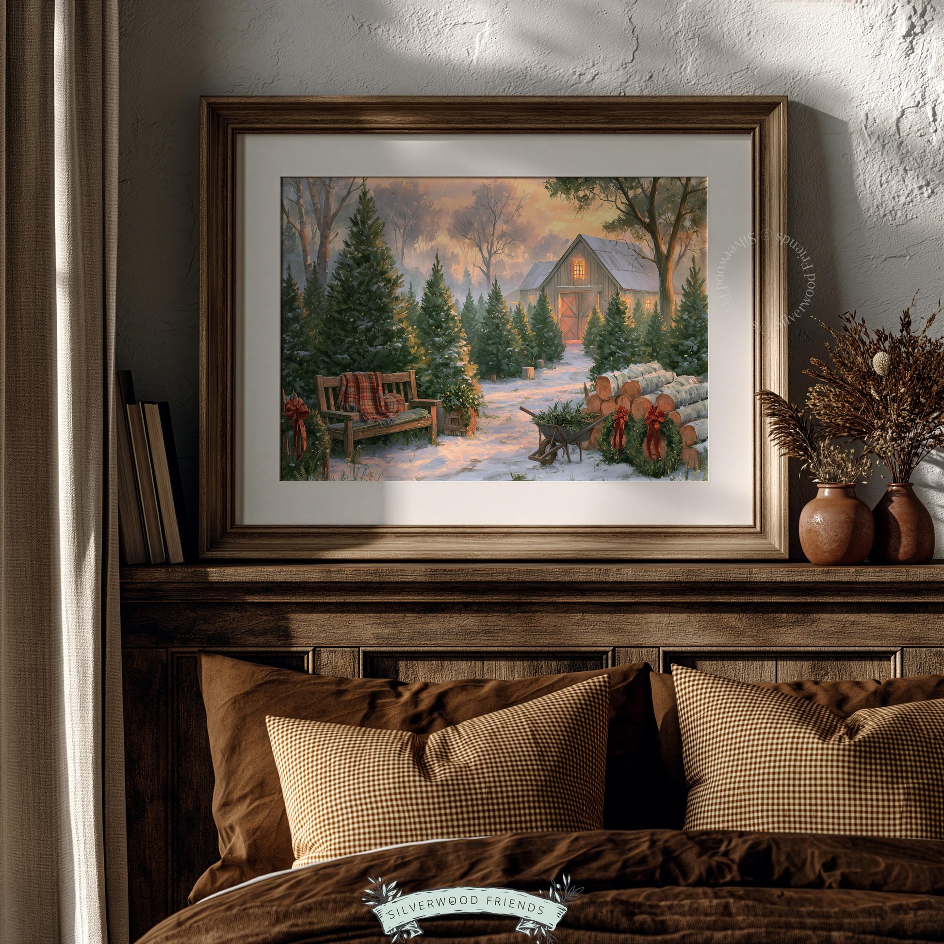Evergreen farm scene printable art for living room — warm festive barn surrounded by snowy pines and holiday charm