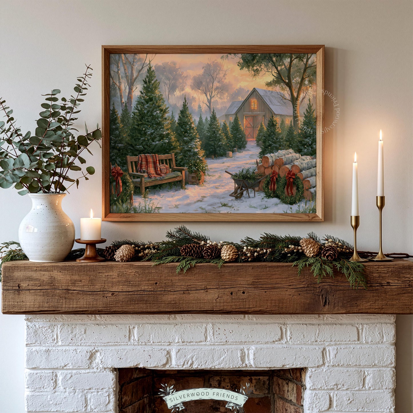 Cozy Christmas landscape picture for den — vintage-style farm scene with stacked firewood and warm amber tones