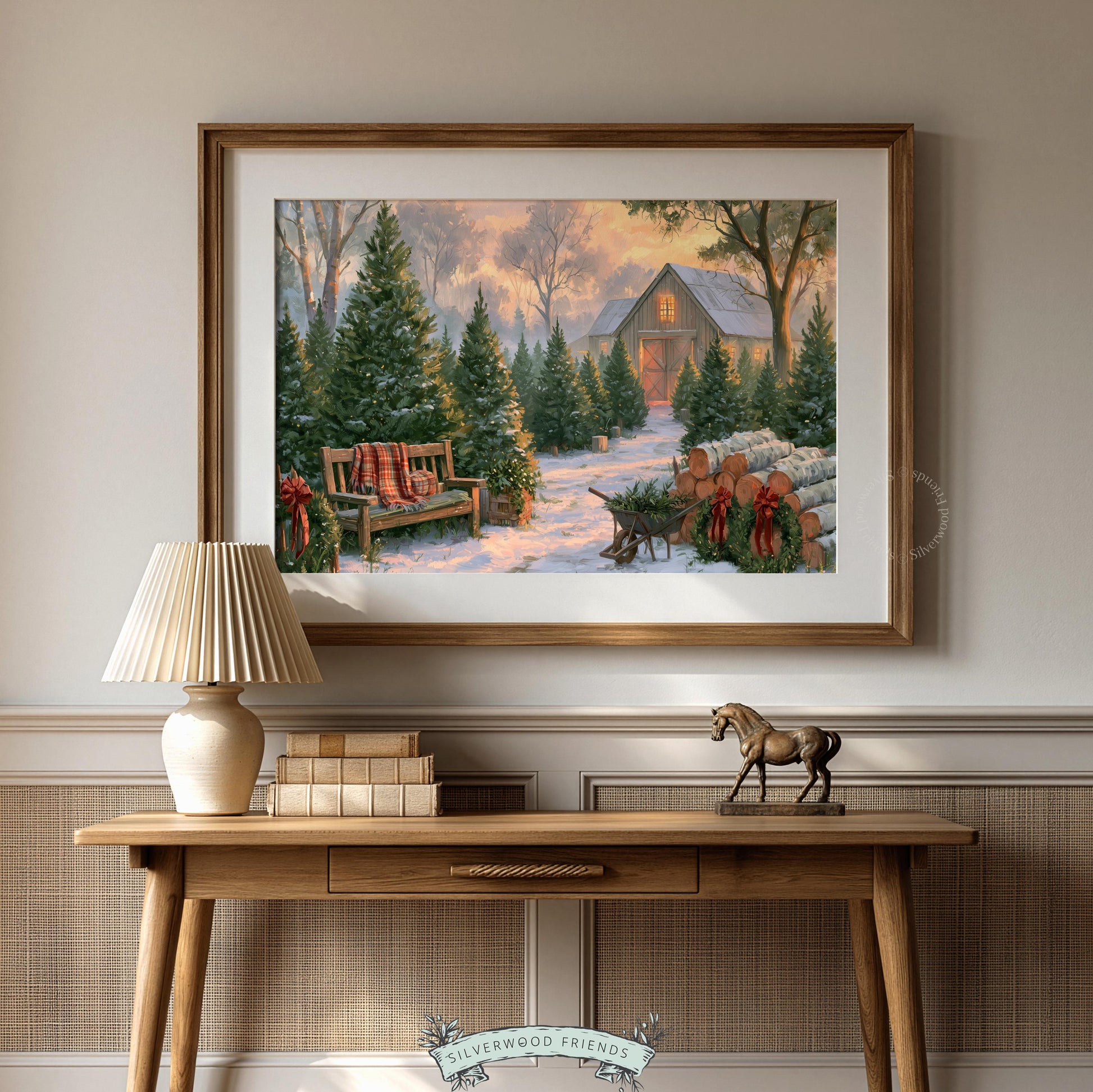 Seasonal evergreen forest scene digital download — rustic farmhouse surrounded by pines with cozy vintage aesthetic