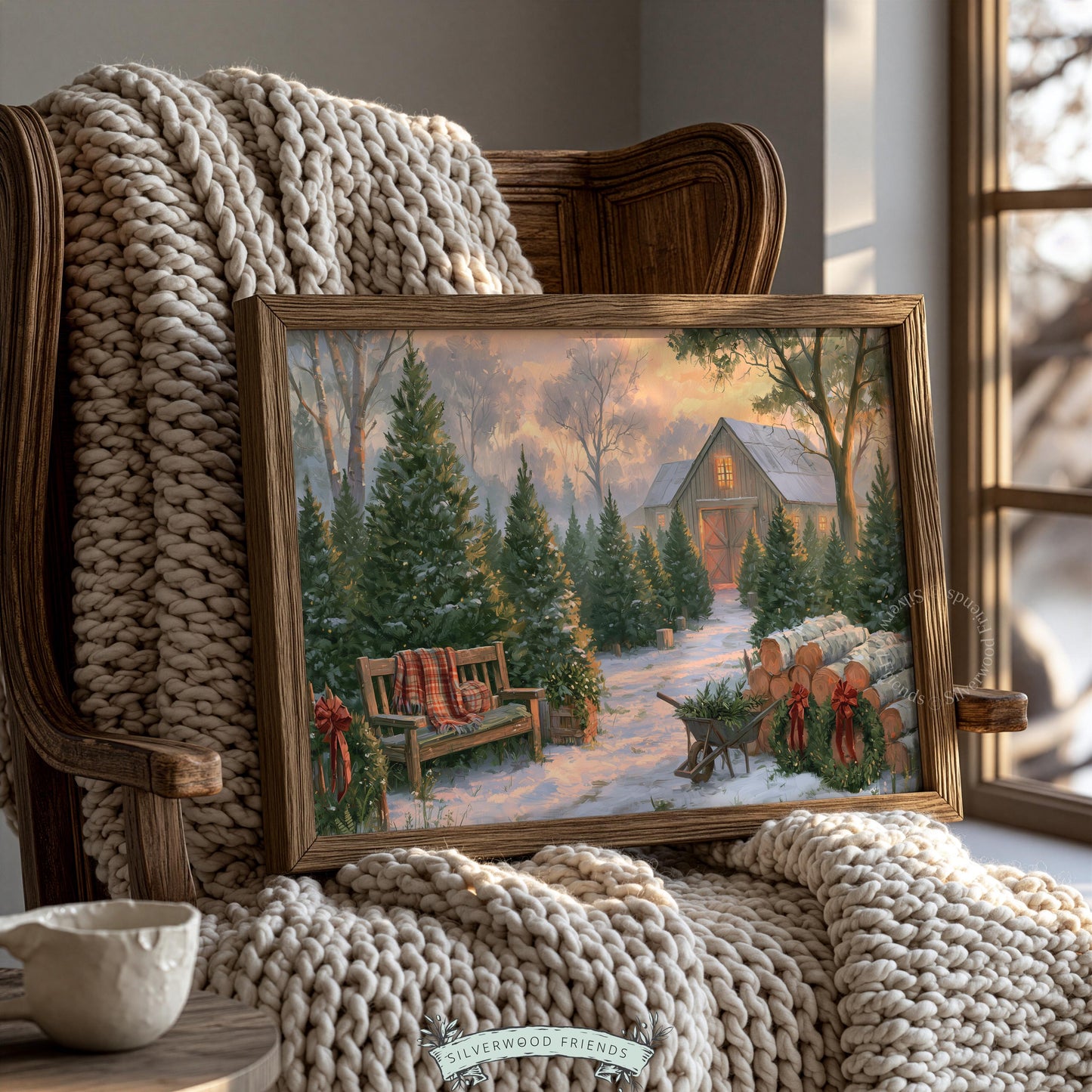 Seasonal barn scene wall decor for cabin — warm-toned evergreen forest with holiday wreath and wooden bench