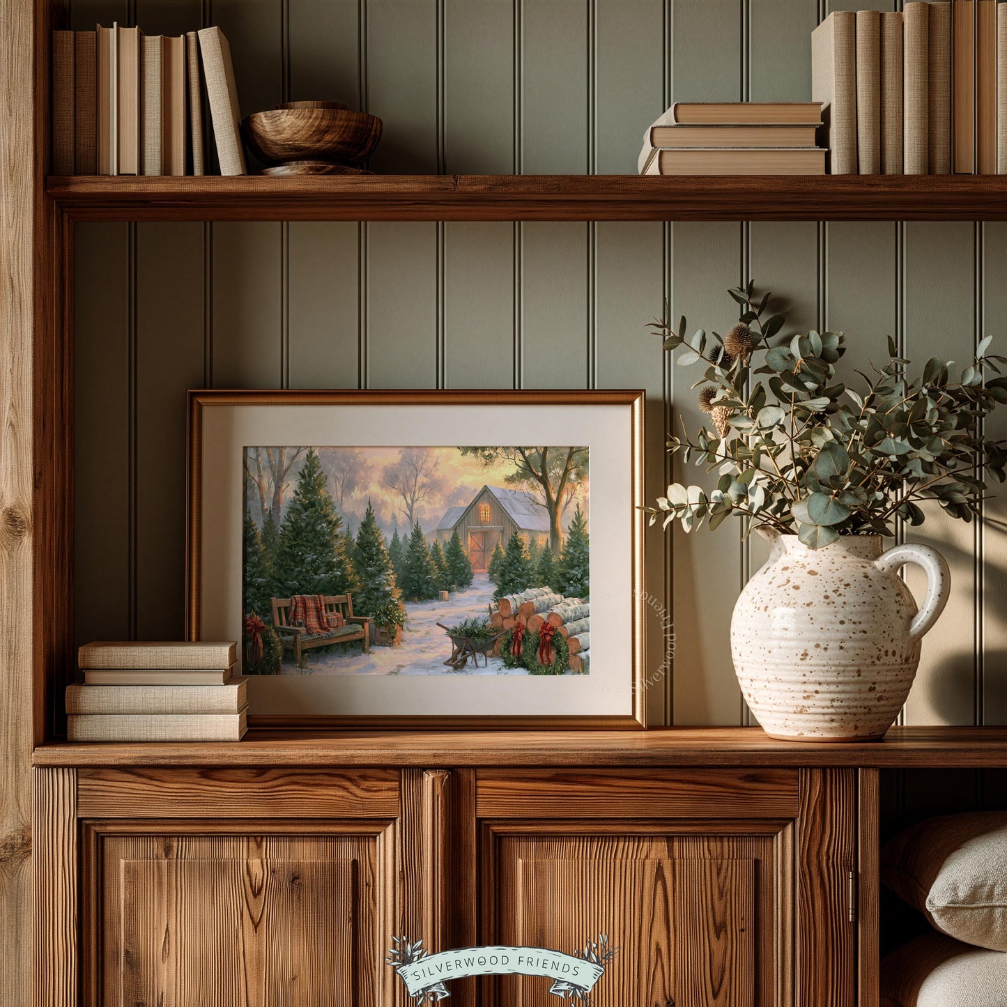 Festive tree farm poster printable art — snow-covered pathway to glowing farmstead surrounded by pine trees