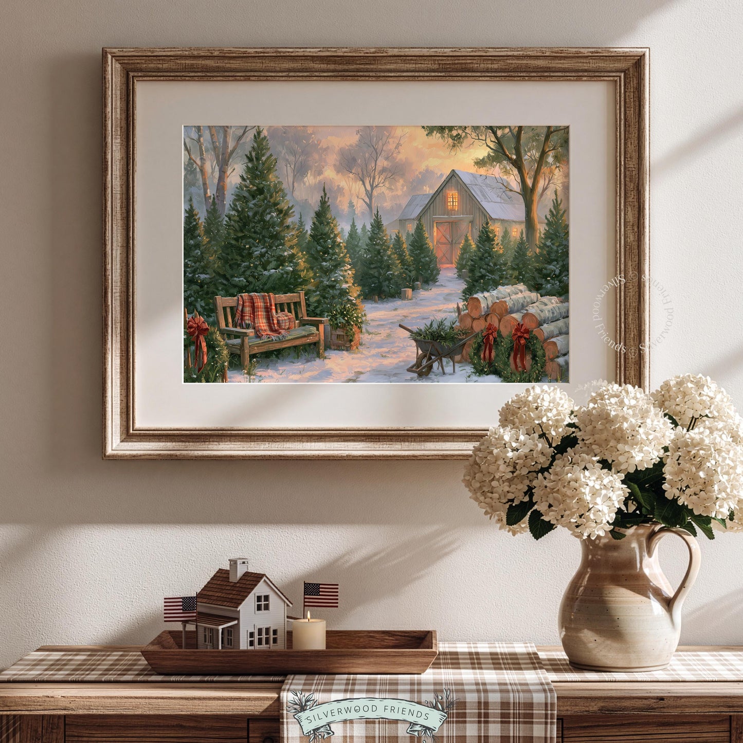 Rustic barn painting wall art for farmhouse — golden hour Christmas tree farm with cozy vintage aesthetic