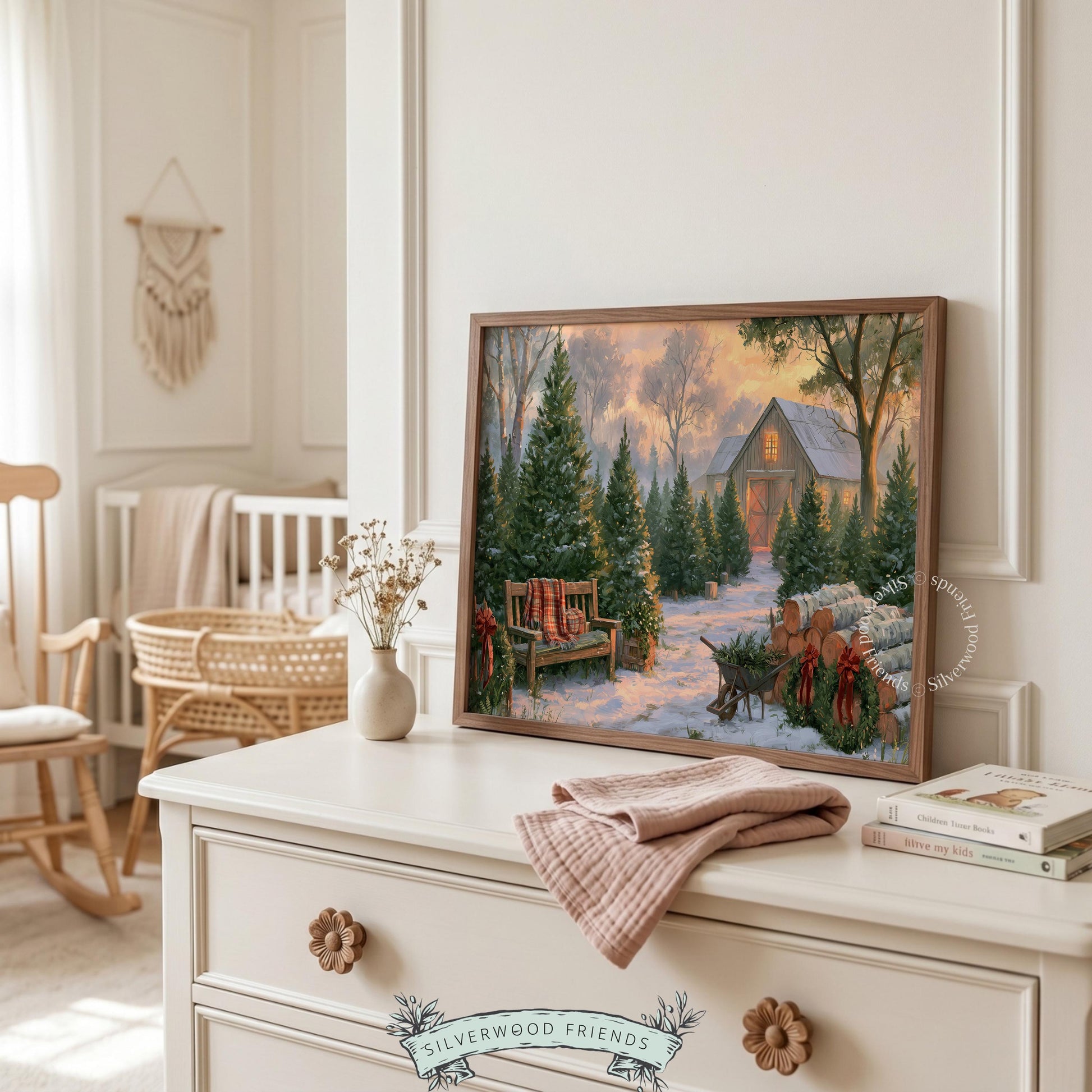 Rustic holiday farmland artwork for kitchen — golden hour forest scene with wreaths, bench, and seasonal details