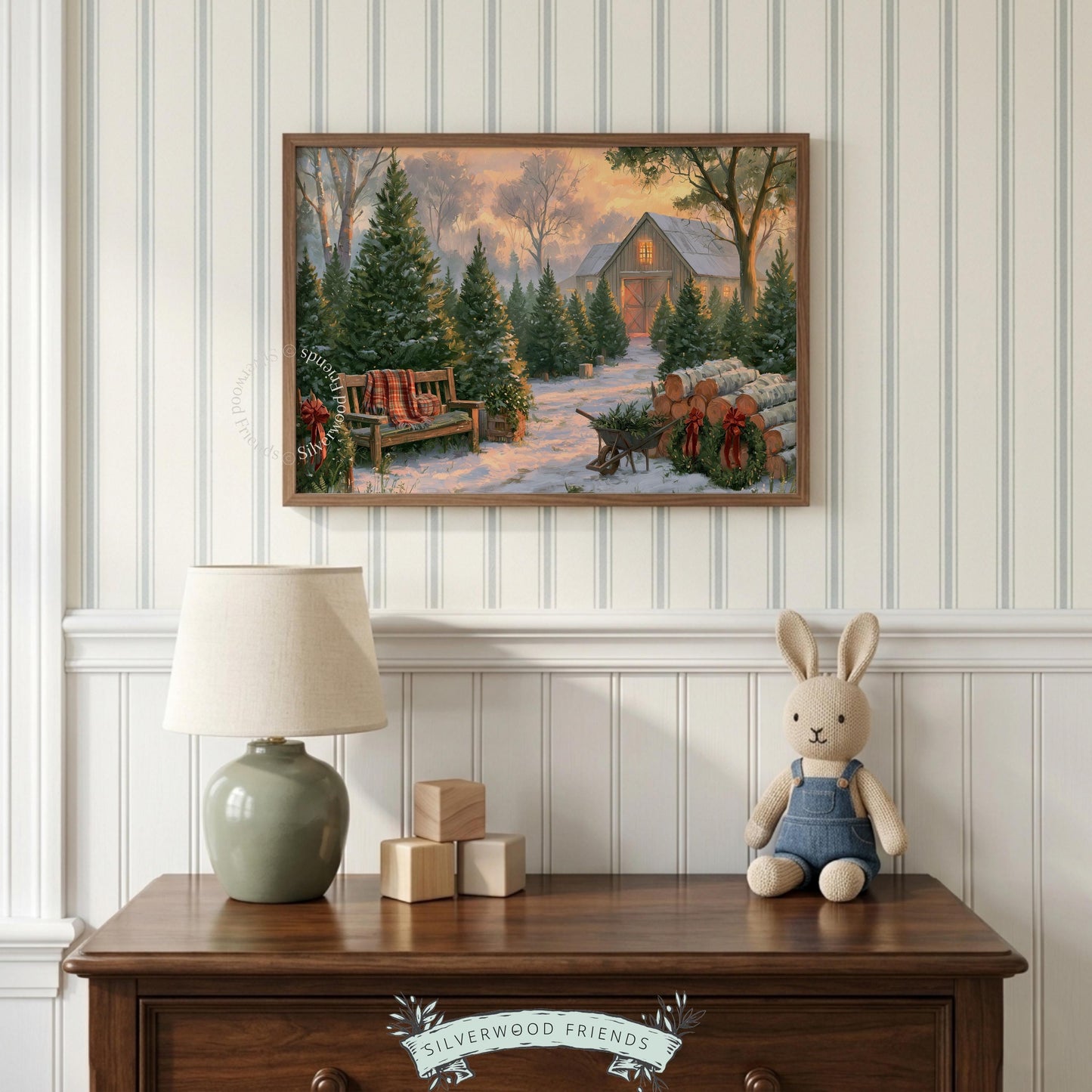 Farmhouse Christmas poster for bedroom — cozy tree farm landscape with plaid blanket and rustic holiday details