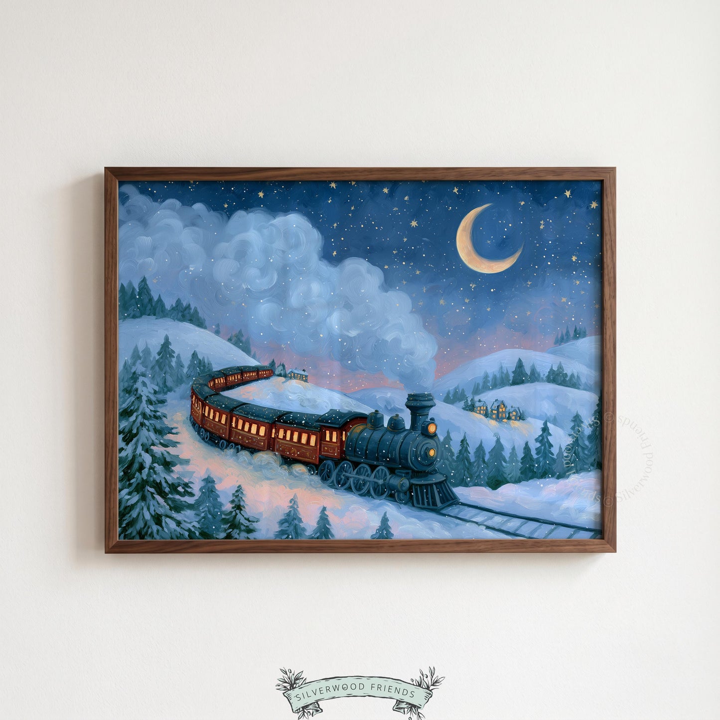 Steam railway wall art for nursery — enchanting nocturne with distant village and pine trees