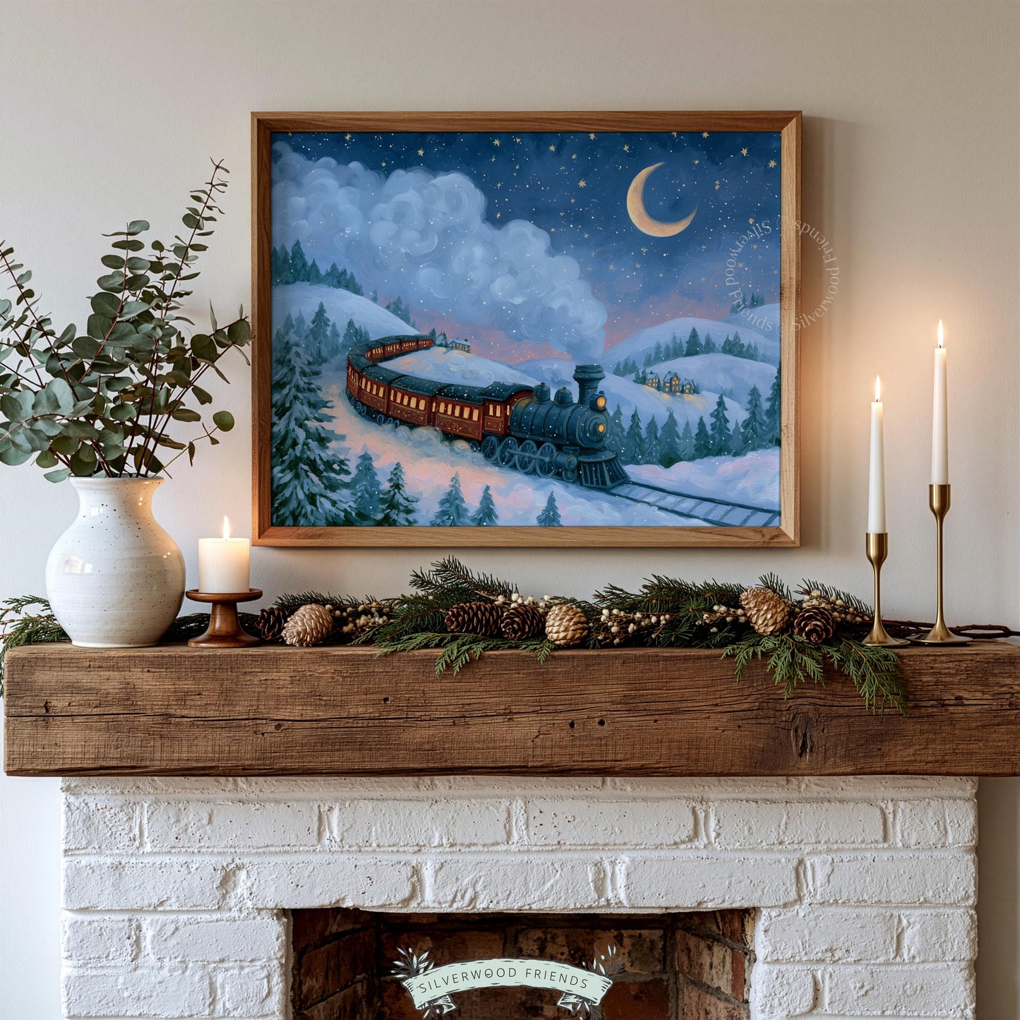 Antique locomotive printable art for study — historic train winding through winter wonderland scene