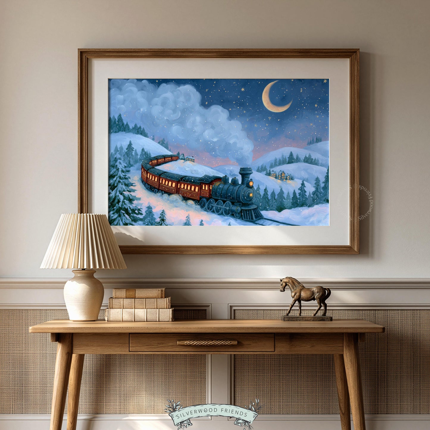 Vintage train wall picture for children's room — whimsical nocturnal journey through winter mountains