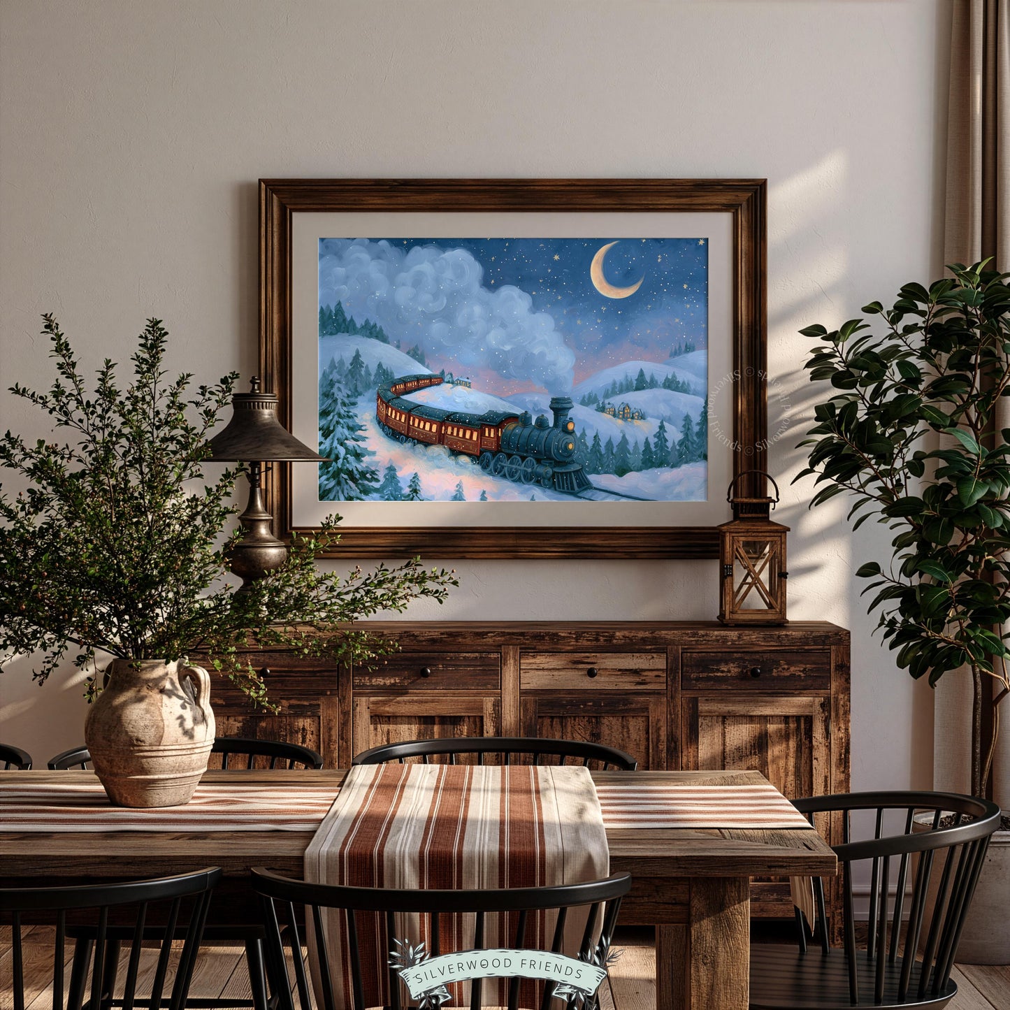 Classic train artwork printable — cozy nighttime scene with frosted trees and crescent moon