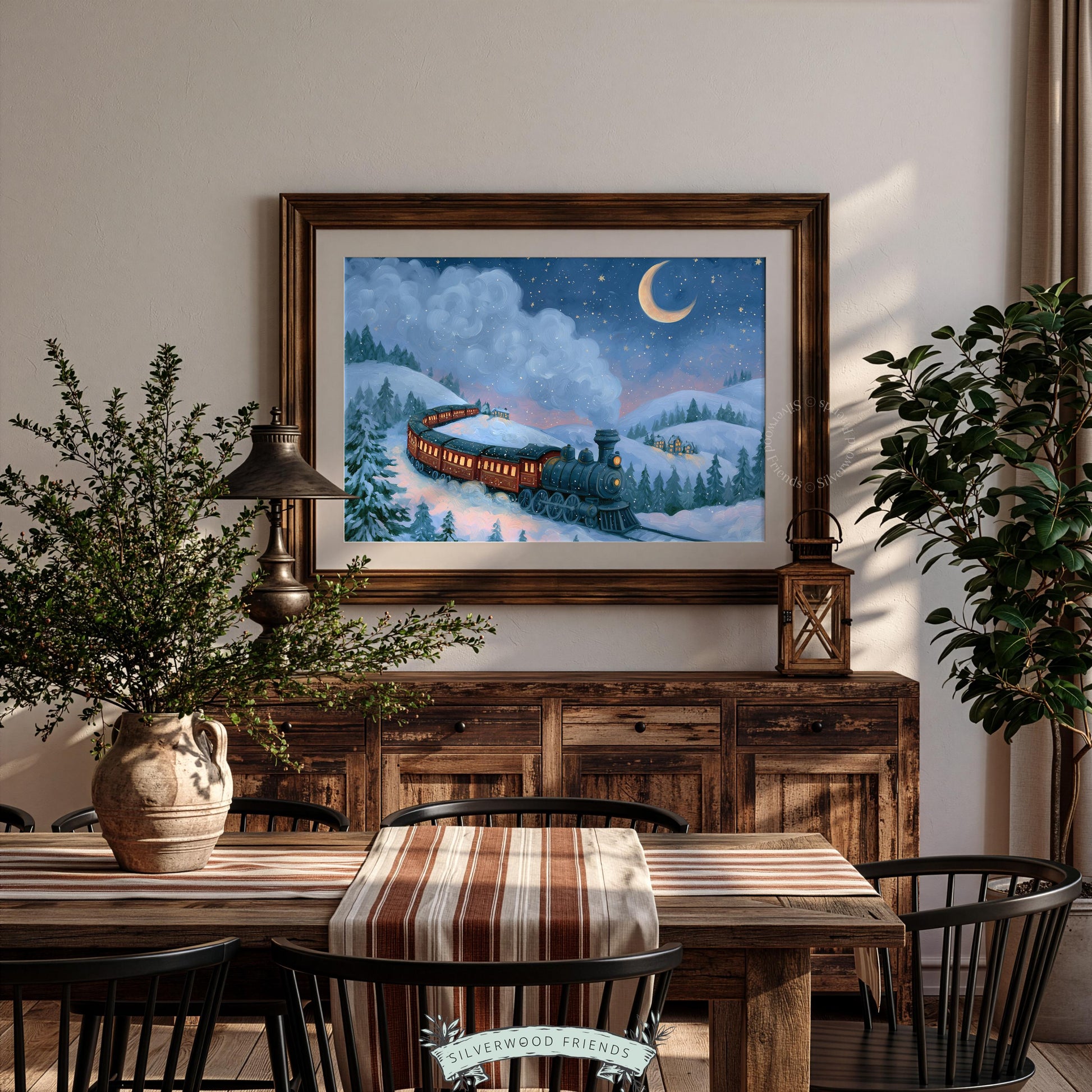 Classic train artwork printable — cozy nighttime scene with frosted trees and crescent moon