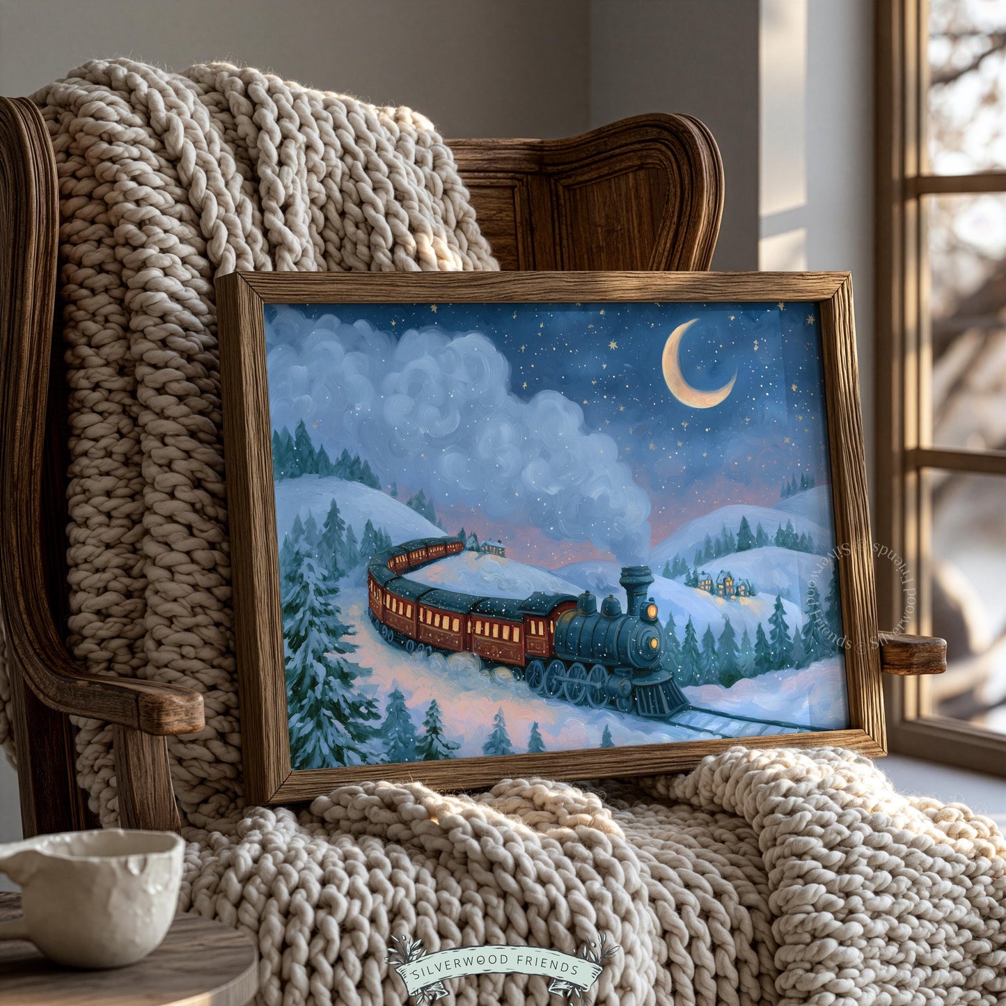 Vintage railway digital wall art for kitchen — cozy holiday atmosphere with snow and starry backdrop