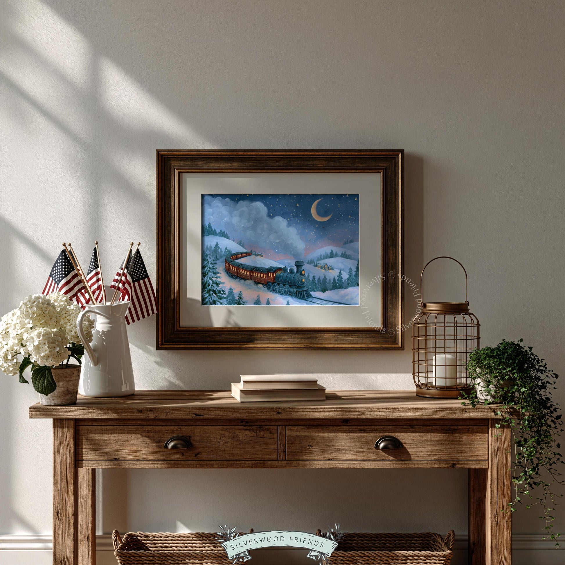 Winter landscape with glowing train poster for hallway — storybook painting with frosted aesthetic