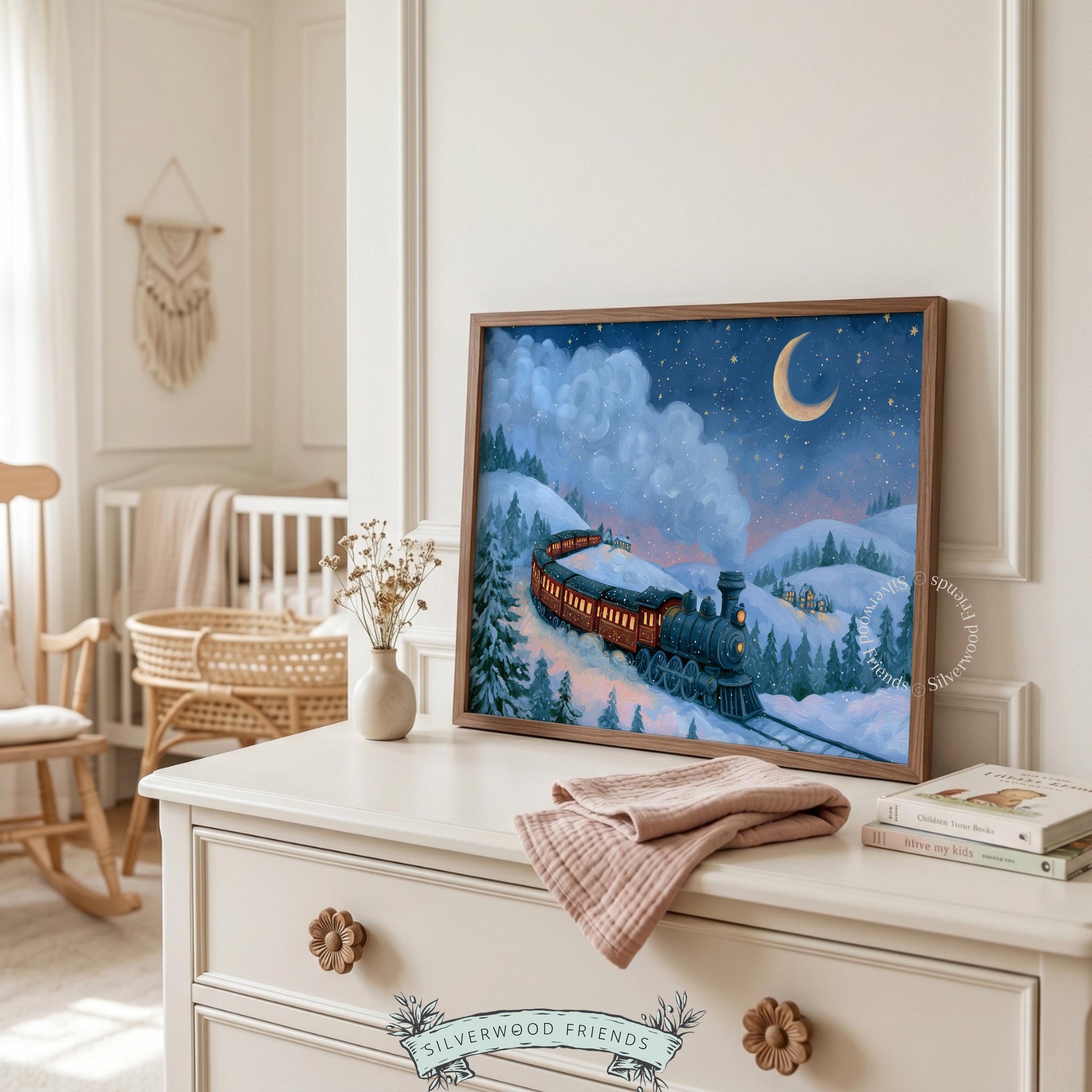 Classic steam engine artwork instant download — enchanted snowy village scene with crescent moon
