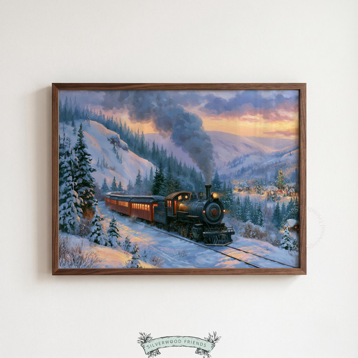 Festive holiday train wall picture for office — classic winter landscape featuring majestic locomotive and snow-blanketed terrain
