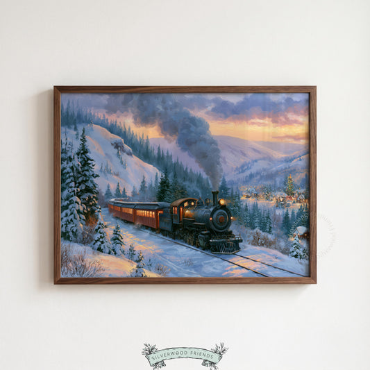 Festive holiday train wall picture for office — classic winter landscape featuring majestic locomotive and snow-blanketed terrain