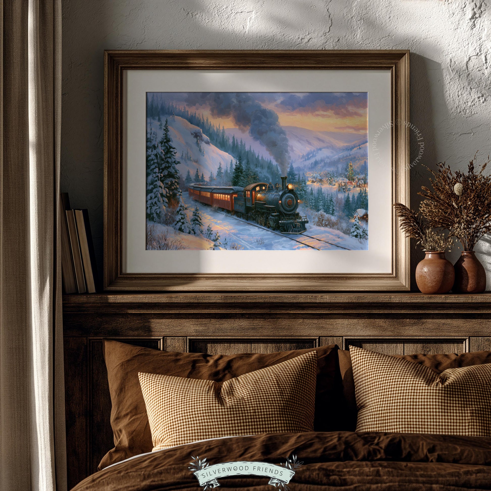 Holiday alpine locomotive wall art printable — warm cozy painting capturing vintage Yuletide charm and mountain majesty