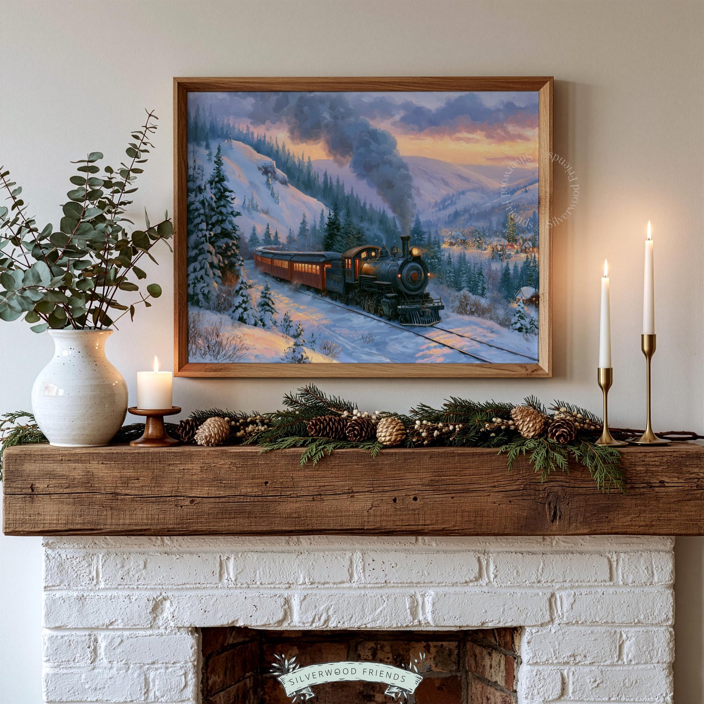 Cozy Christmas railway painting printable art — warm vintage style with dramatic sky and charming distant settlement