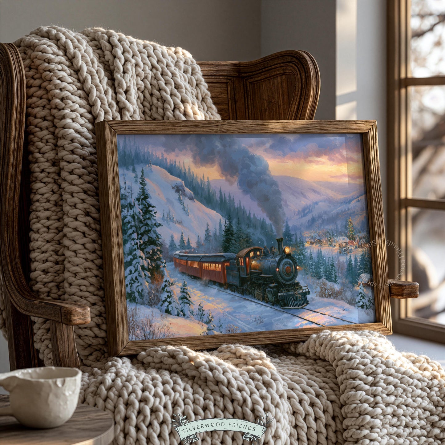 Festive railway digital print wall art — classic train journey through alpine landscape with golden dusk