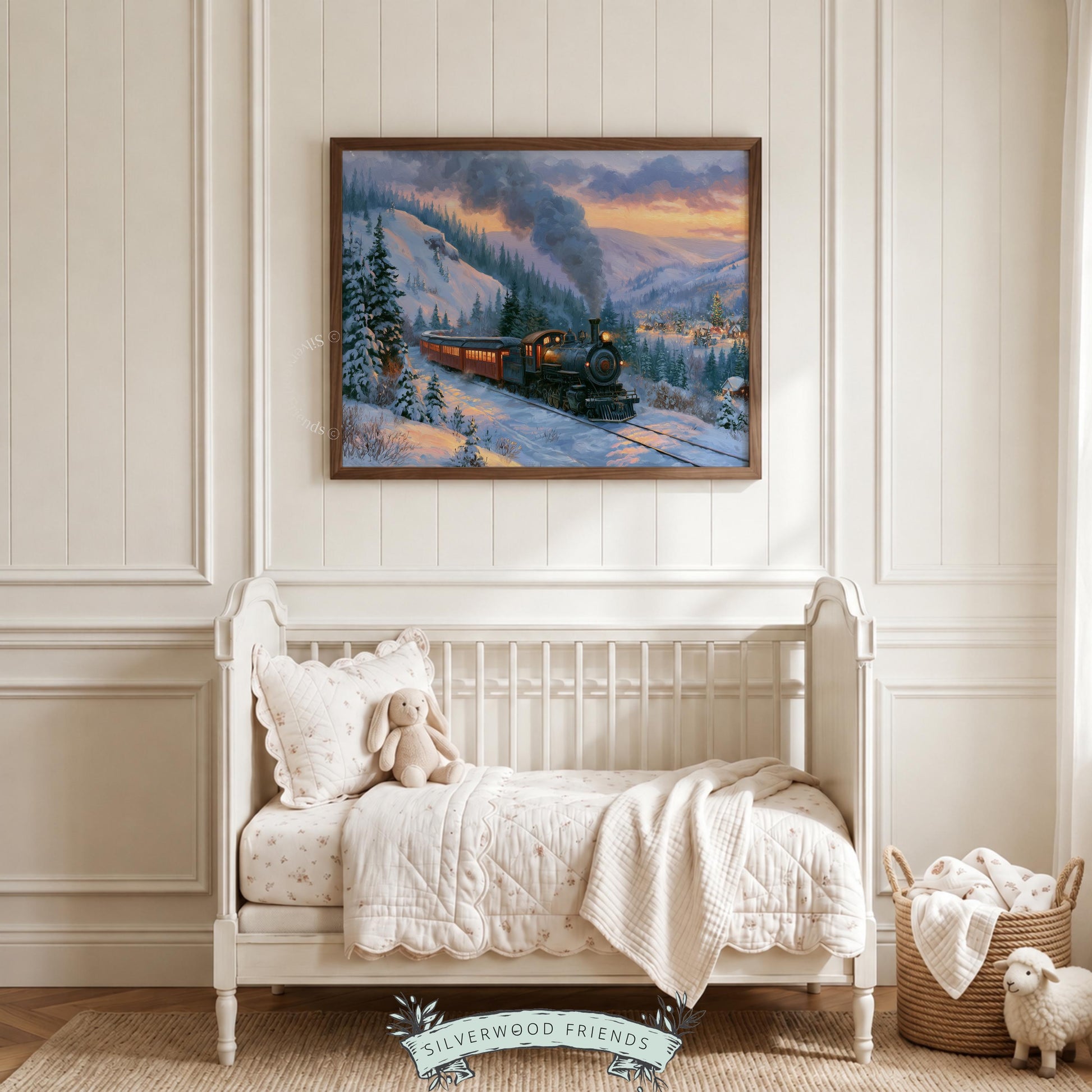 Steam locomotive painting printable art for family room — vintage Christmas landscape with snowy mountains and glowing train cars