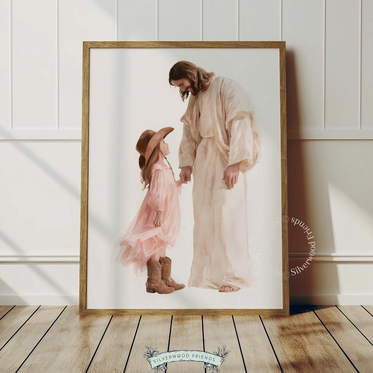 Jesus holding hands with young girl in cowboy hat printable art for nursery — soft watercolor with warm, faith-inspired aesthetic