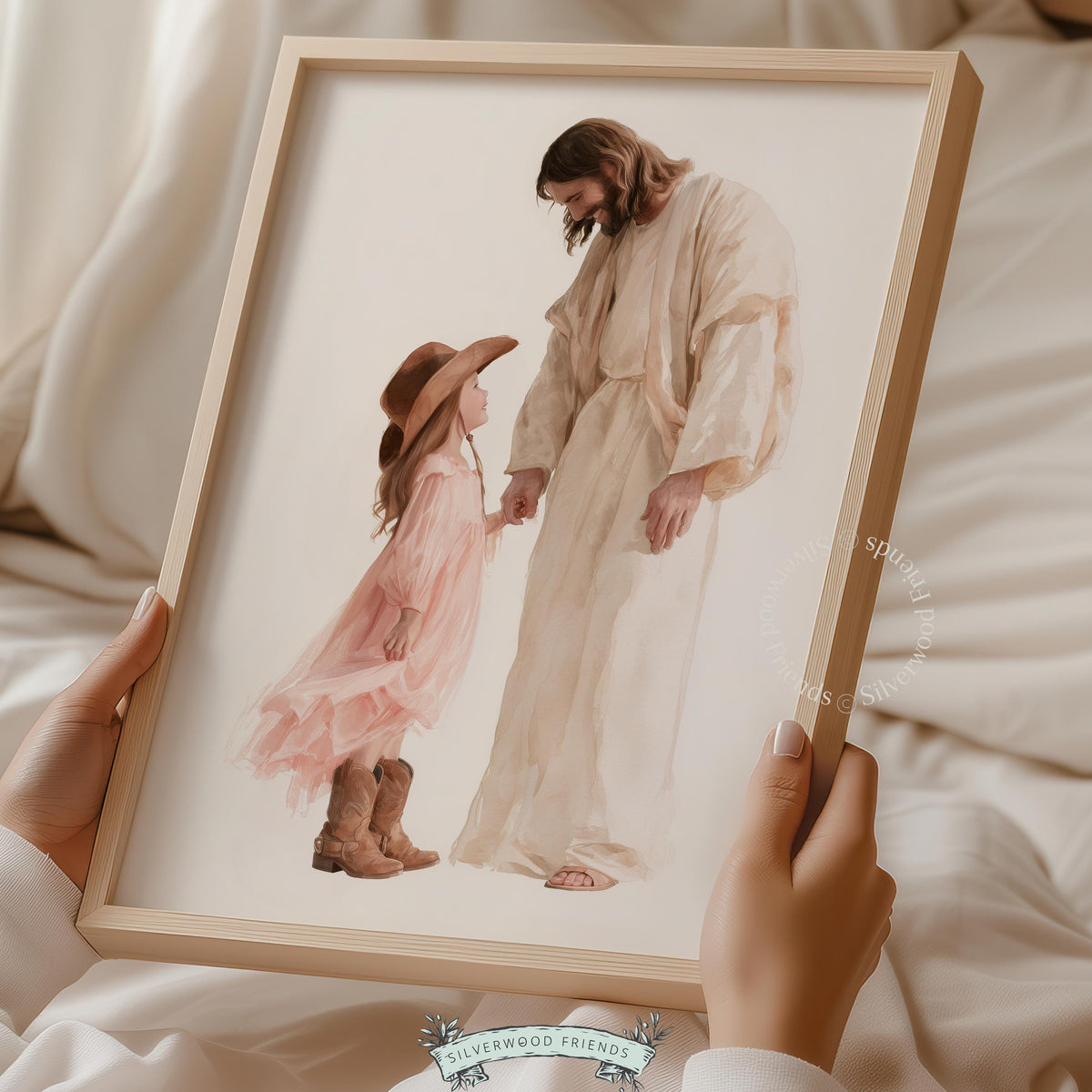 Little cowgirl with religious figure wall art instant download — tender pastoral scene in cream and blush tones