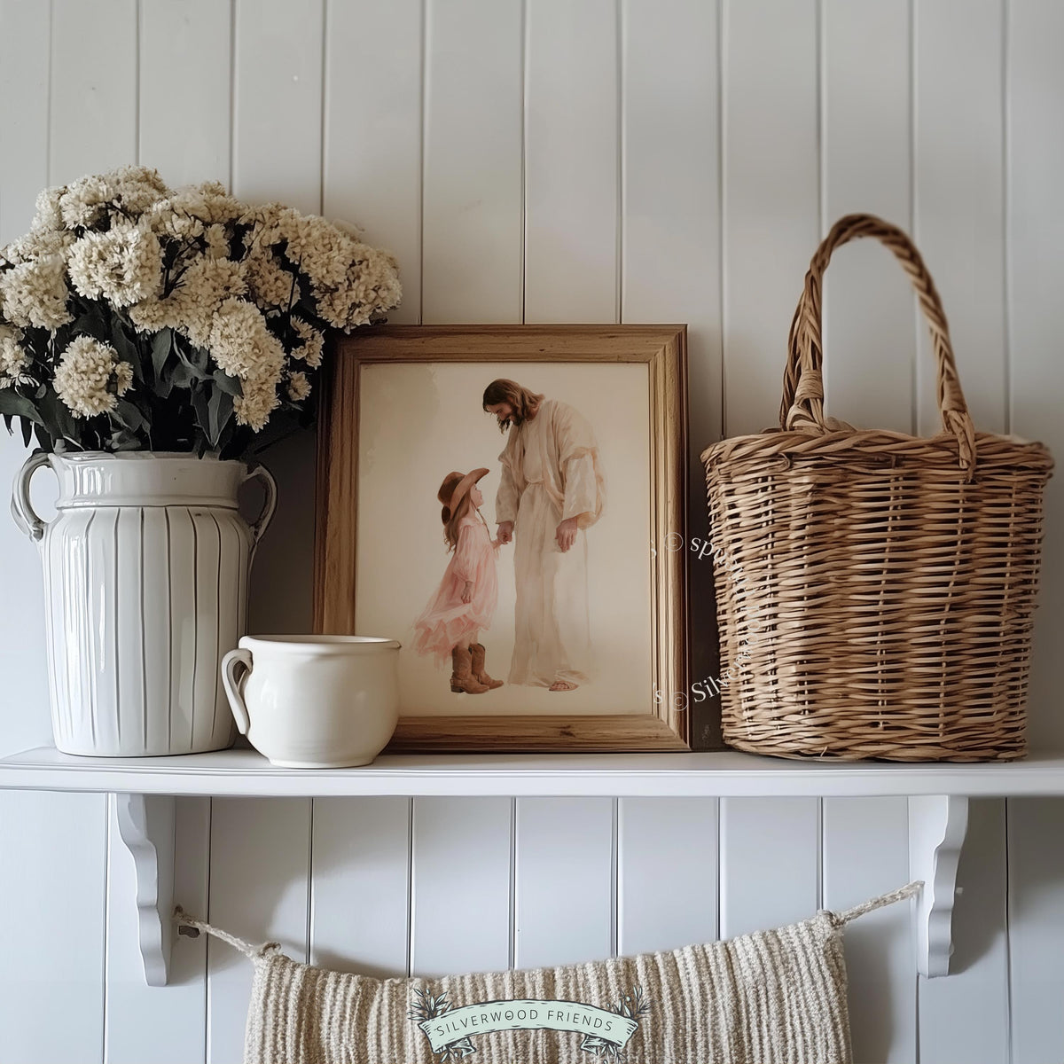Child faith artwork wall picture printable for Christian decor — tender pastoral scene featuring little girl in cowboy style
