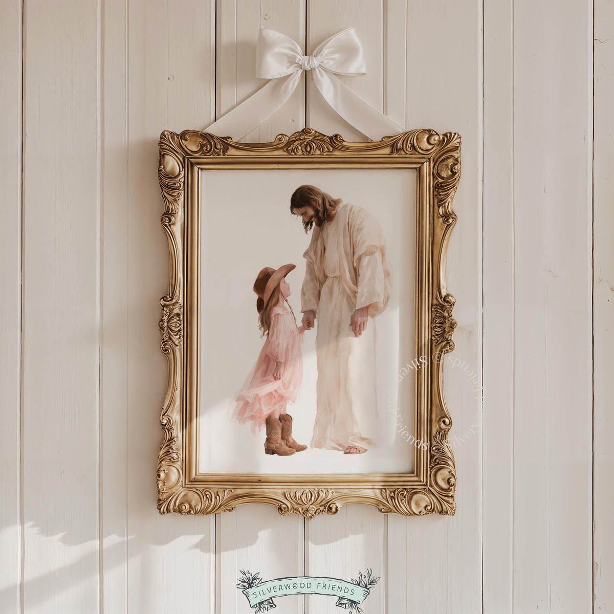 Child in tulle dress with spiritual guide wall picture instant download — tender faith-based scene for kids bedroom