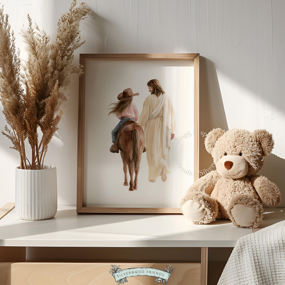 Religious horse rider printable art for bedroom — soft faith-inspired pastoral scene with warm neutral tones