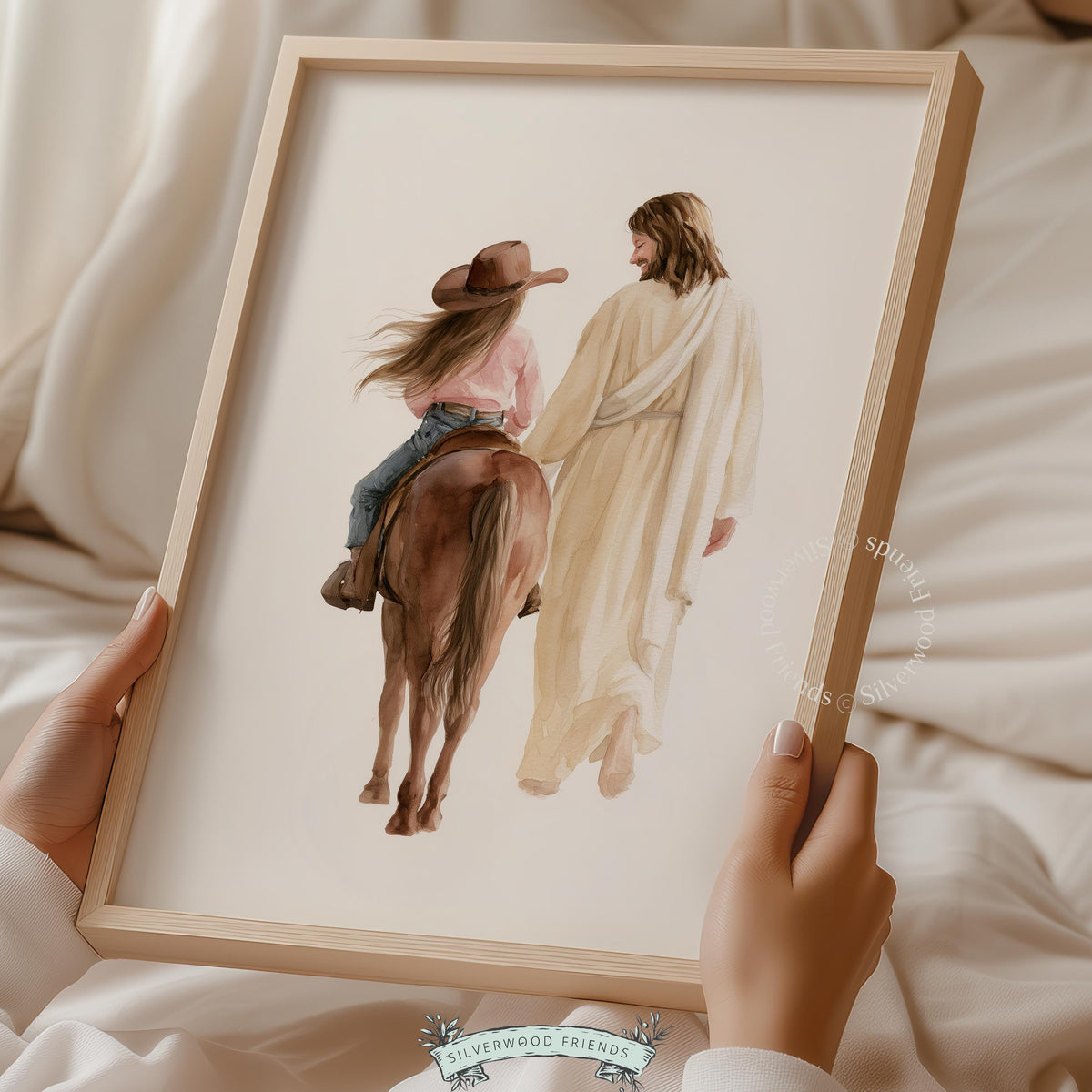 Cowgirl and robed figure wall art for nursery — watercolor painting with spiritual Western theme