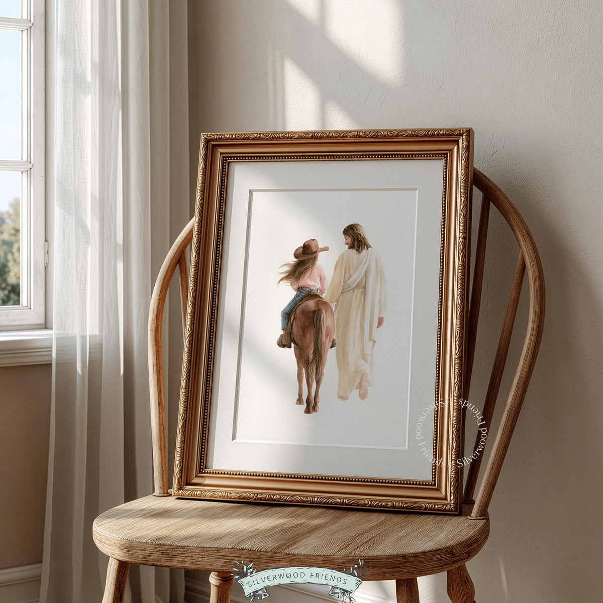 Cowgirl faithful journey wall art for Western nursery — soft spiritual horse painting with neutral palette