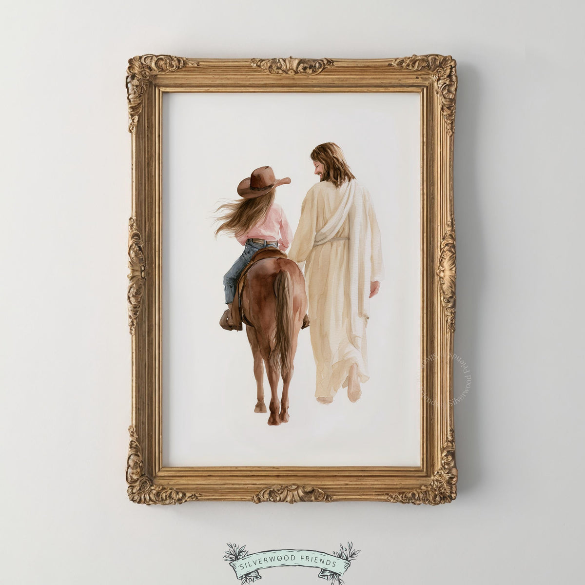 Faithful journey wall art for little cowgirl room — warm Western religious painting with flowing composition