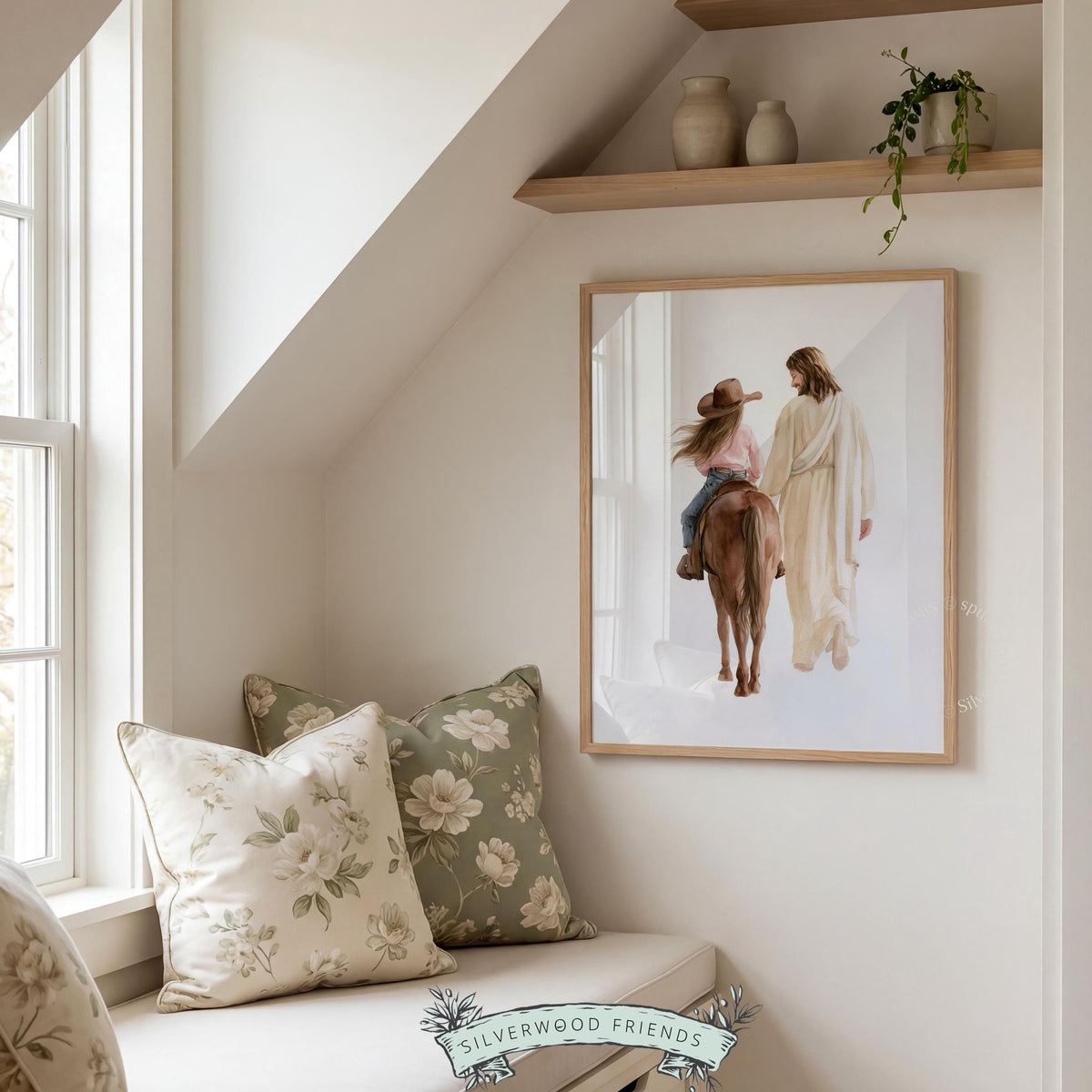 Religious rodeo wall art printable for little cowgirl decor — serene watercolor spiritual Western scene