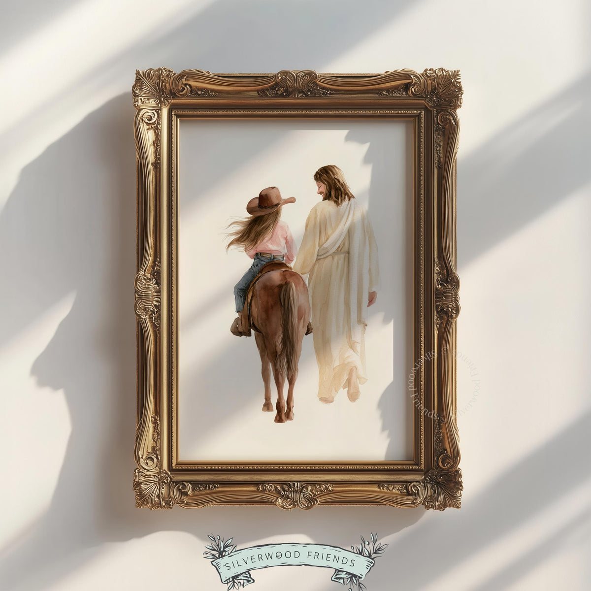 Cowgirl walking with robed figure poster for Christian nursery — gentle Western faith artwork