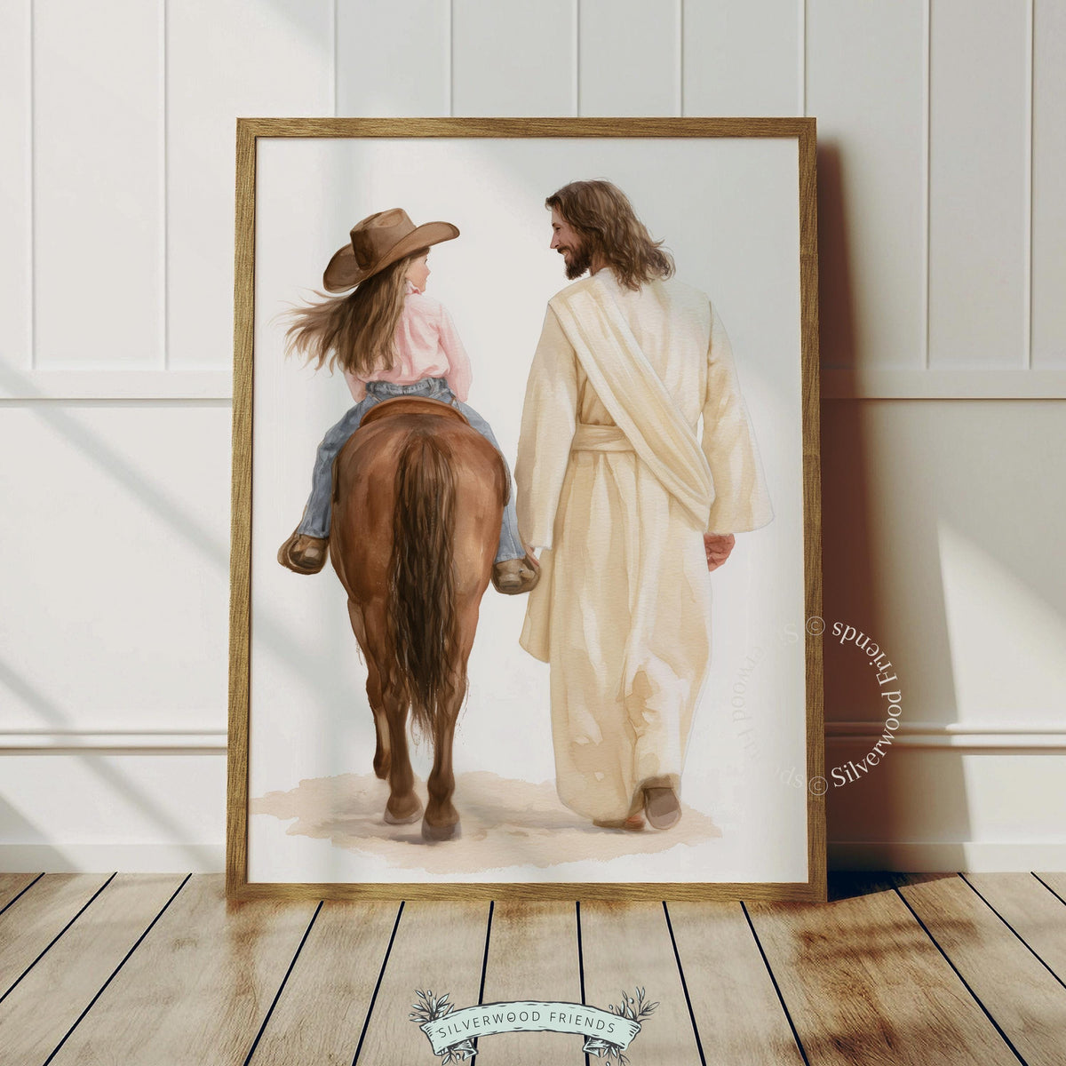 Cowgirl on horse beside holy companion poster for bedroom — tranquil spiritual ranch-themed wall art with gentle style
