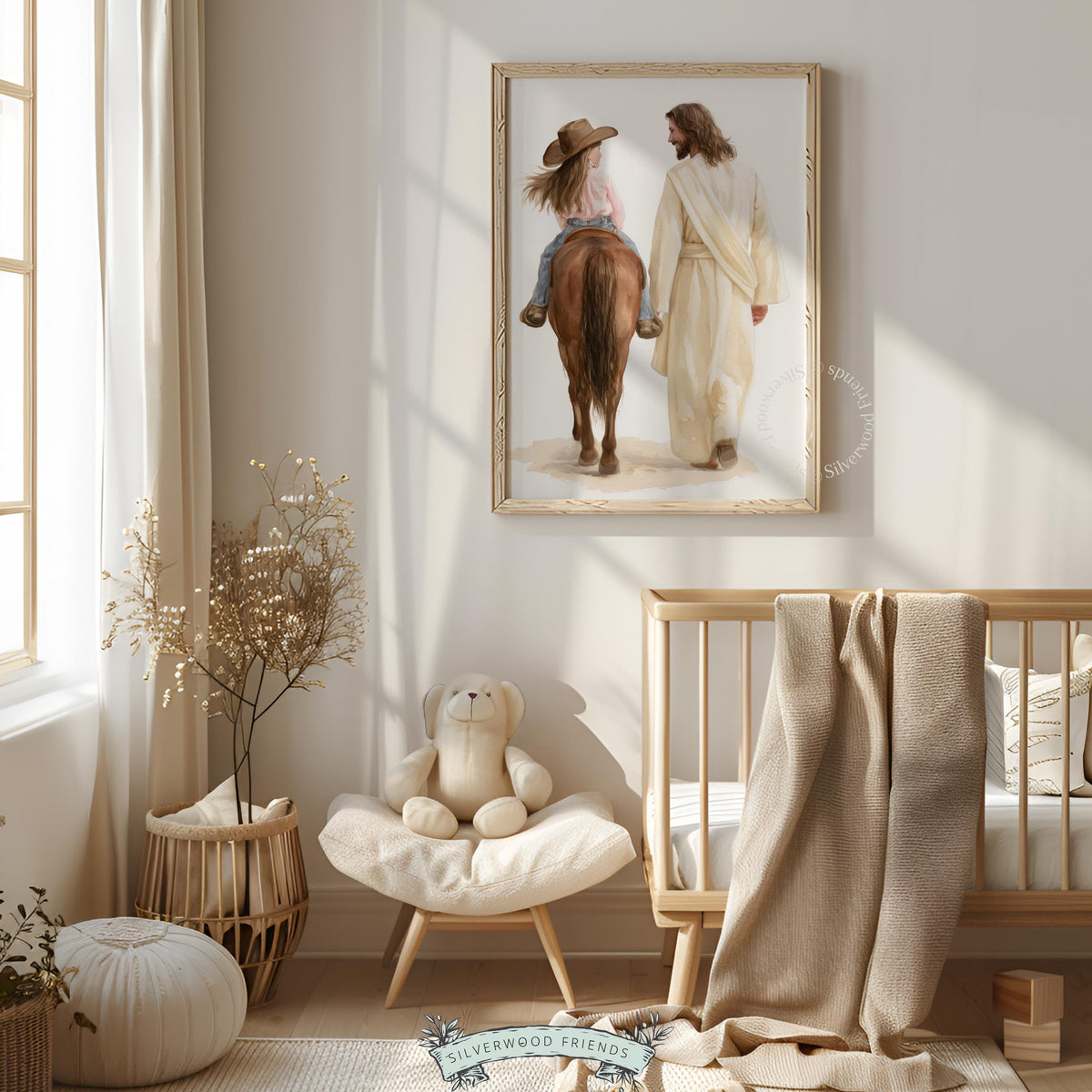 Cowgirl on horseback hand-in-hand with robed guide wall art for nursery — serene religious farmhouse painting in watercolor